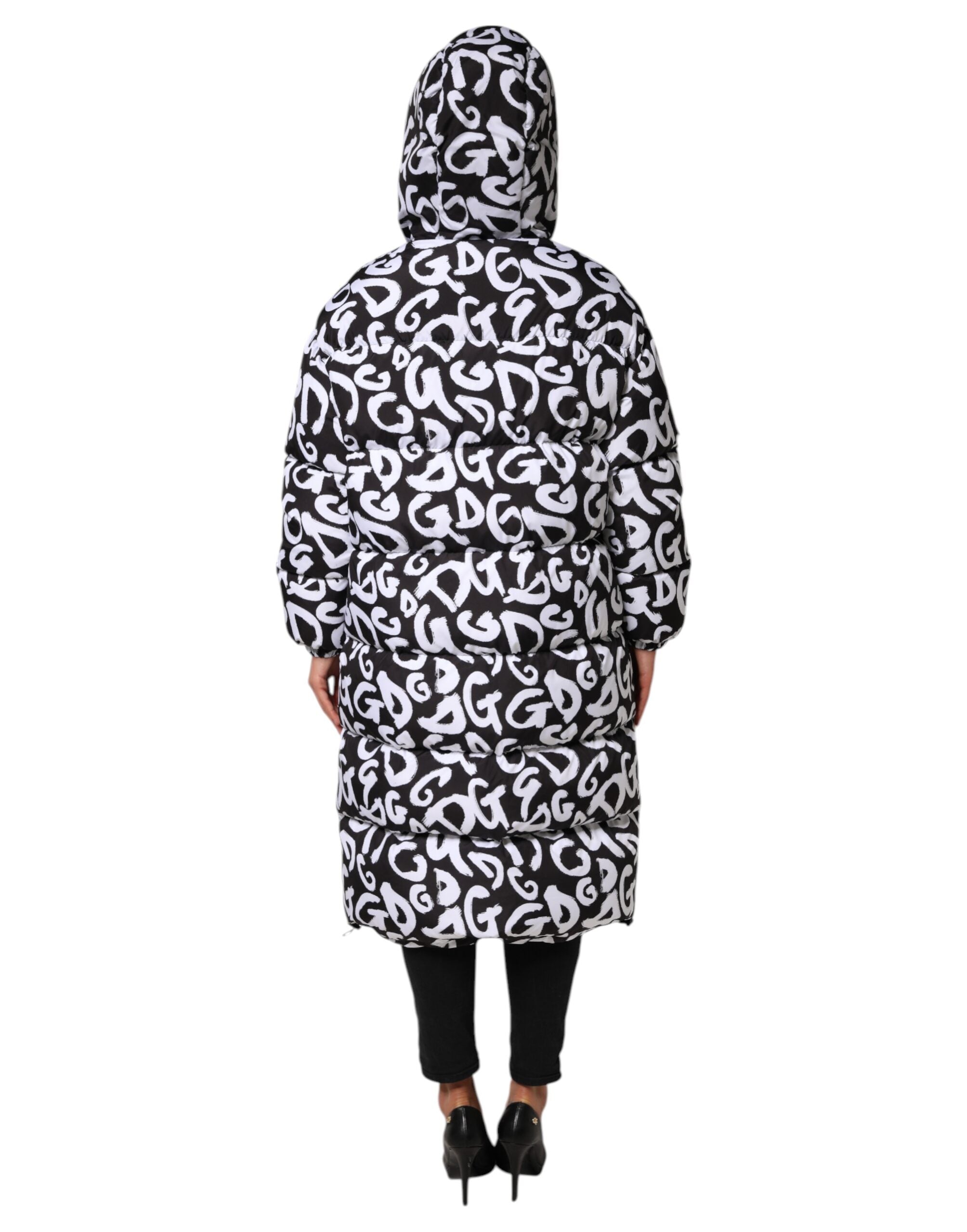 Black White DG Mania Hooded Long Coat Jacket - ventzia