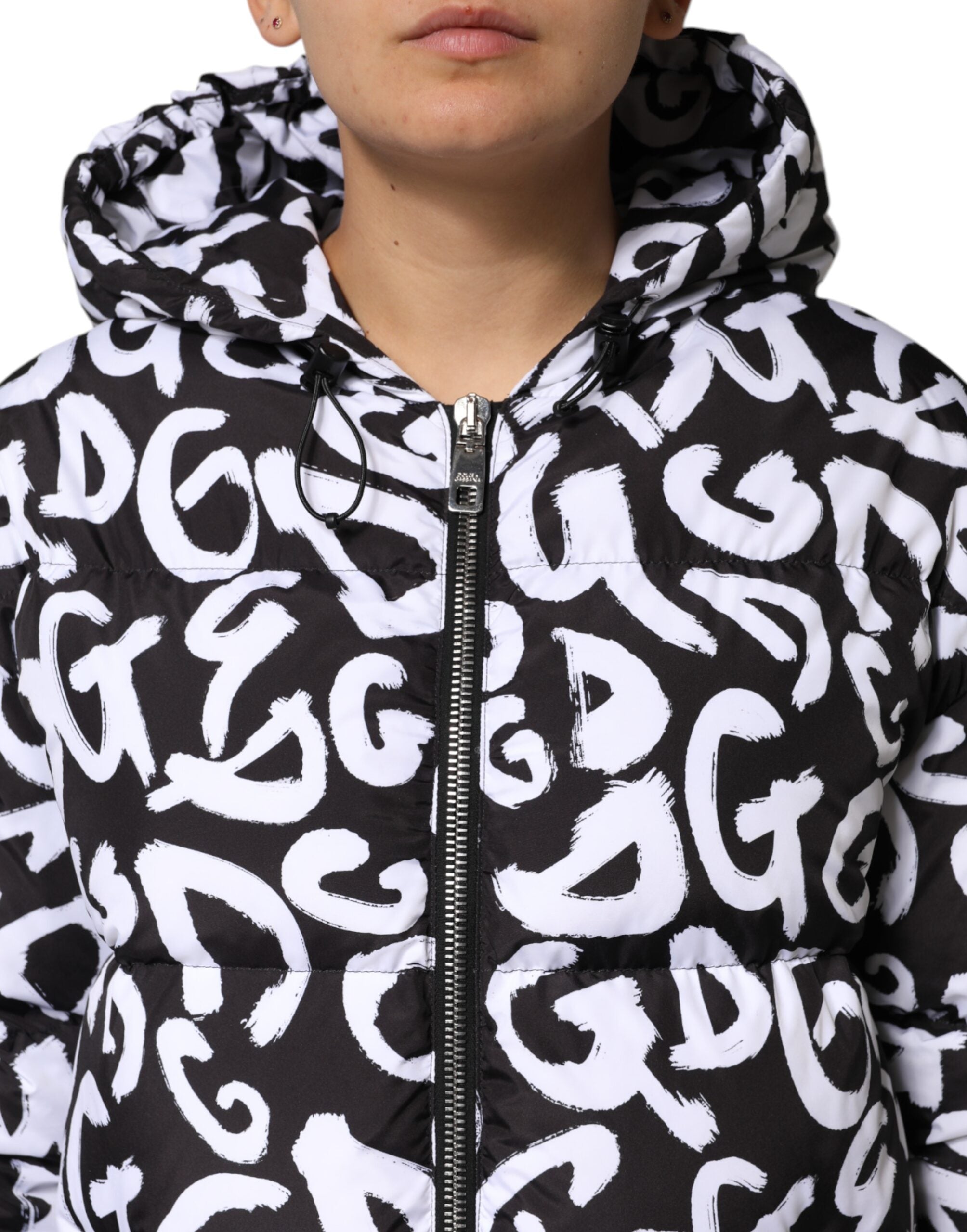 Black White DG Mania Hooded Long Coat Jacket - ventzia