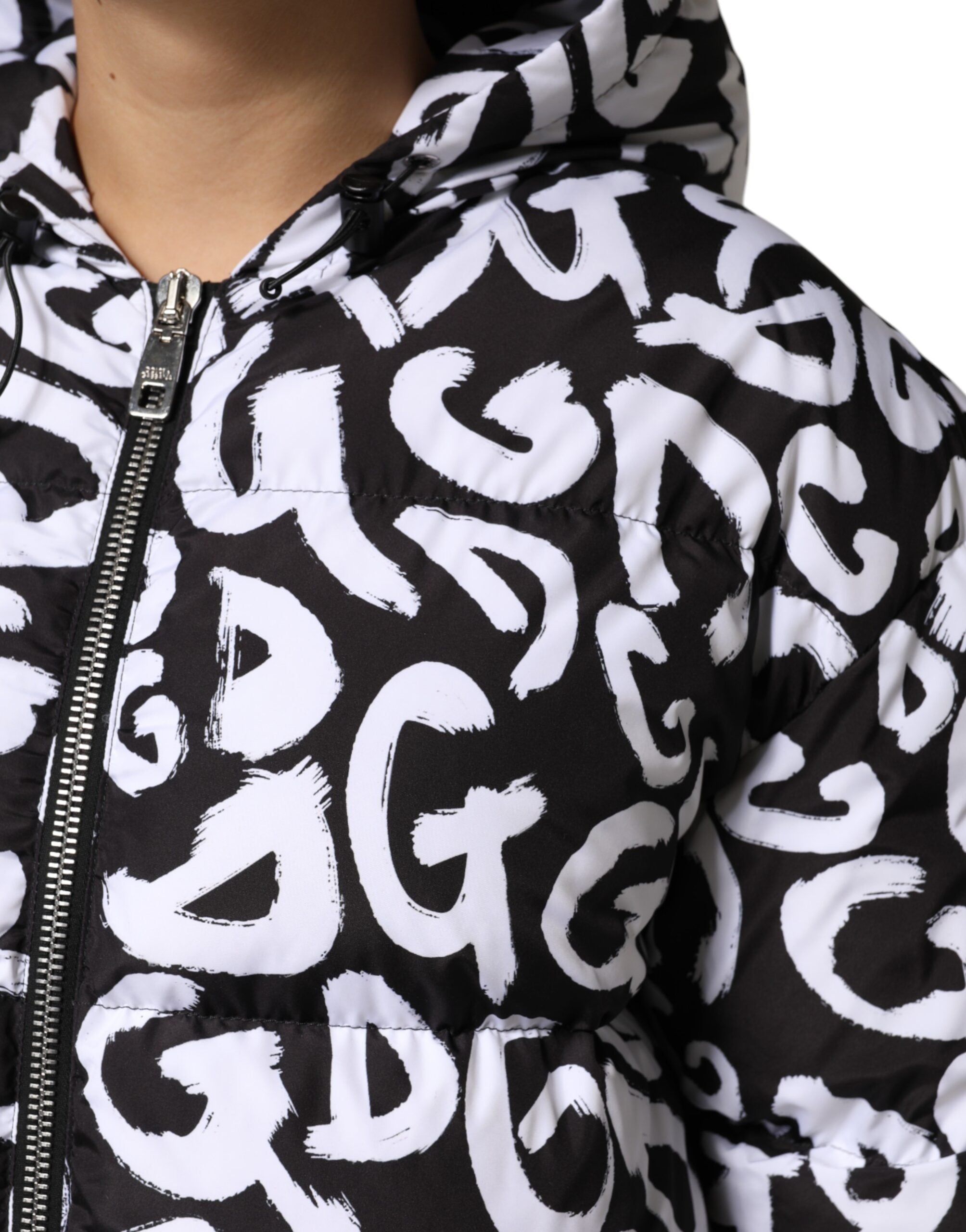 Black White DG Mania Hooded Long Coat Jacket - ventzia
