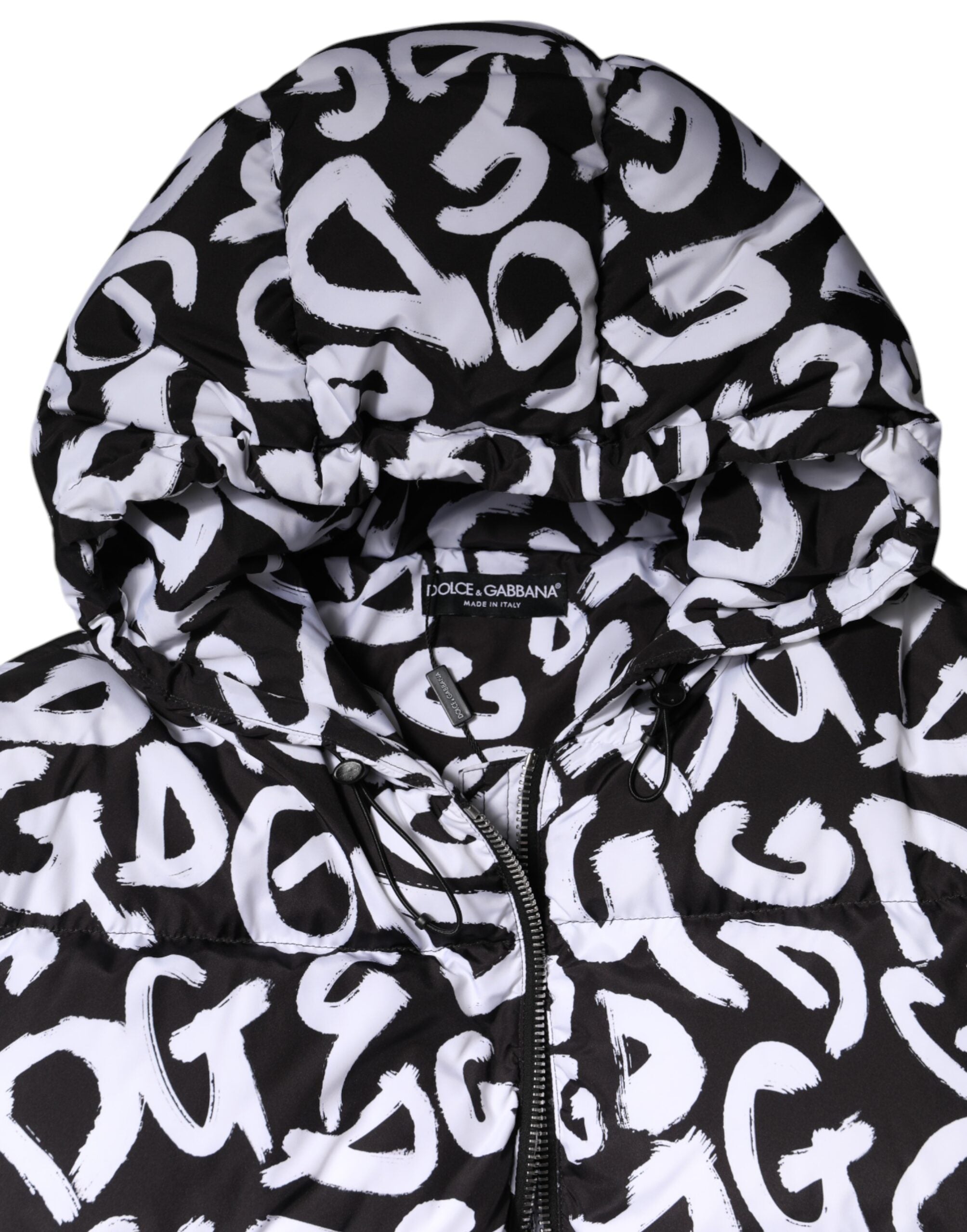 Black White DG Mania Hooded Long Coat Jacket - ventzia