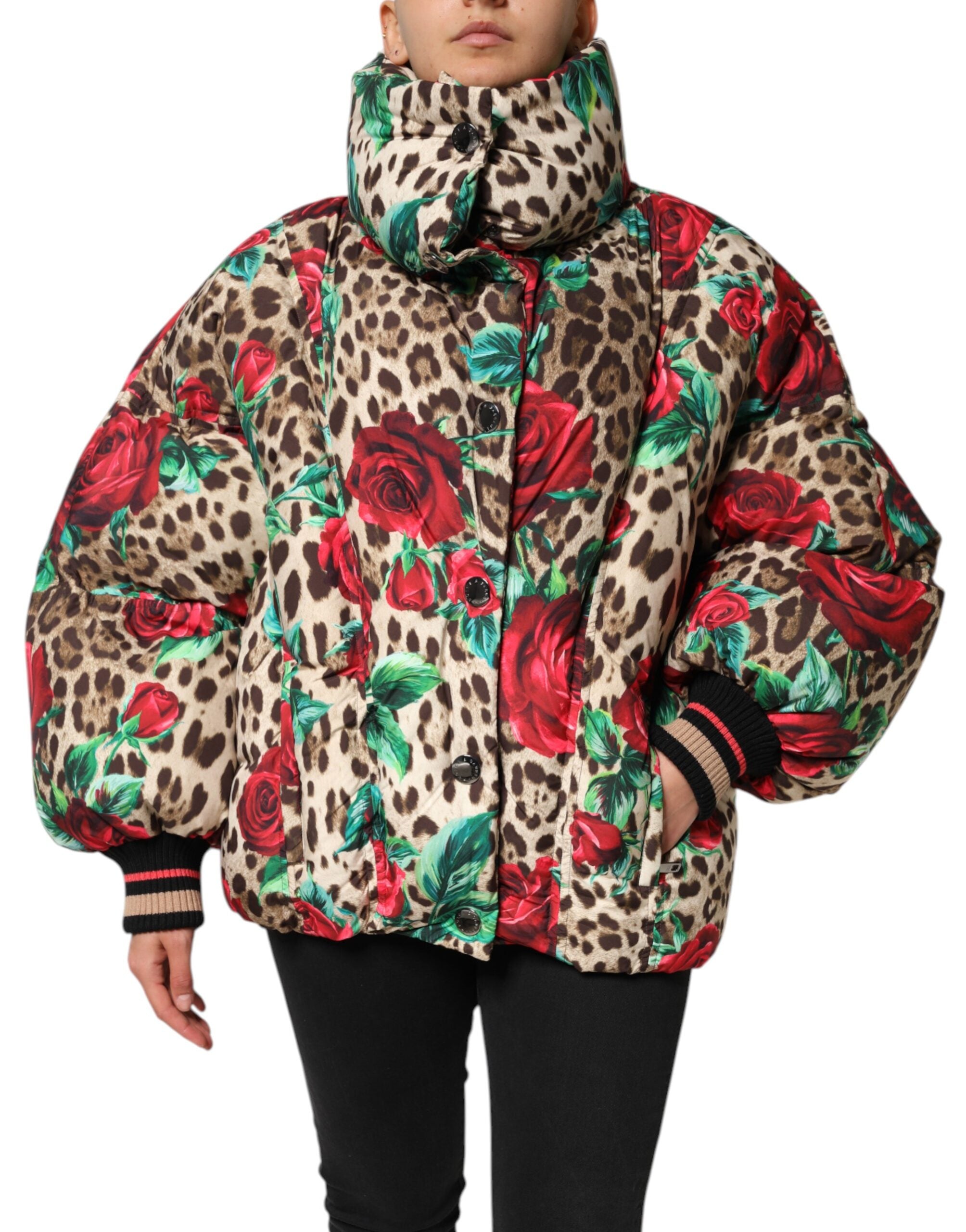 Multicolor Leopard Rose Puffer Quilted Jacket - ventzia
