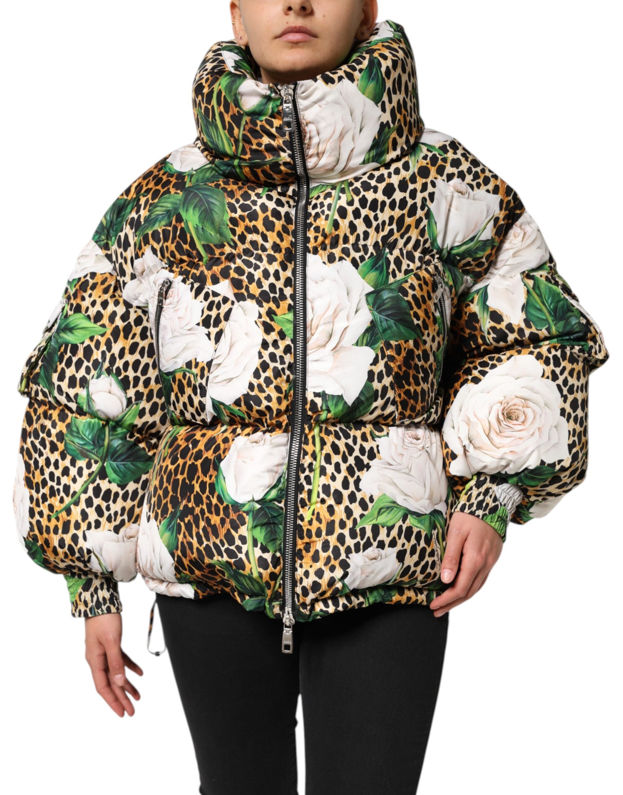 Multicolor Leopard Rose Puffer Quilted Jacket - ventzia