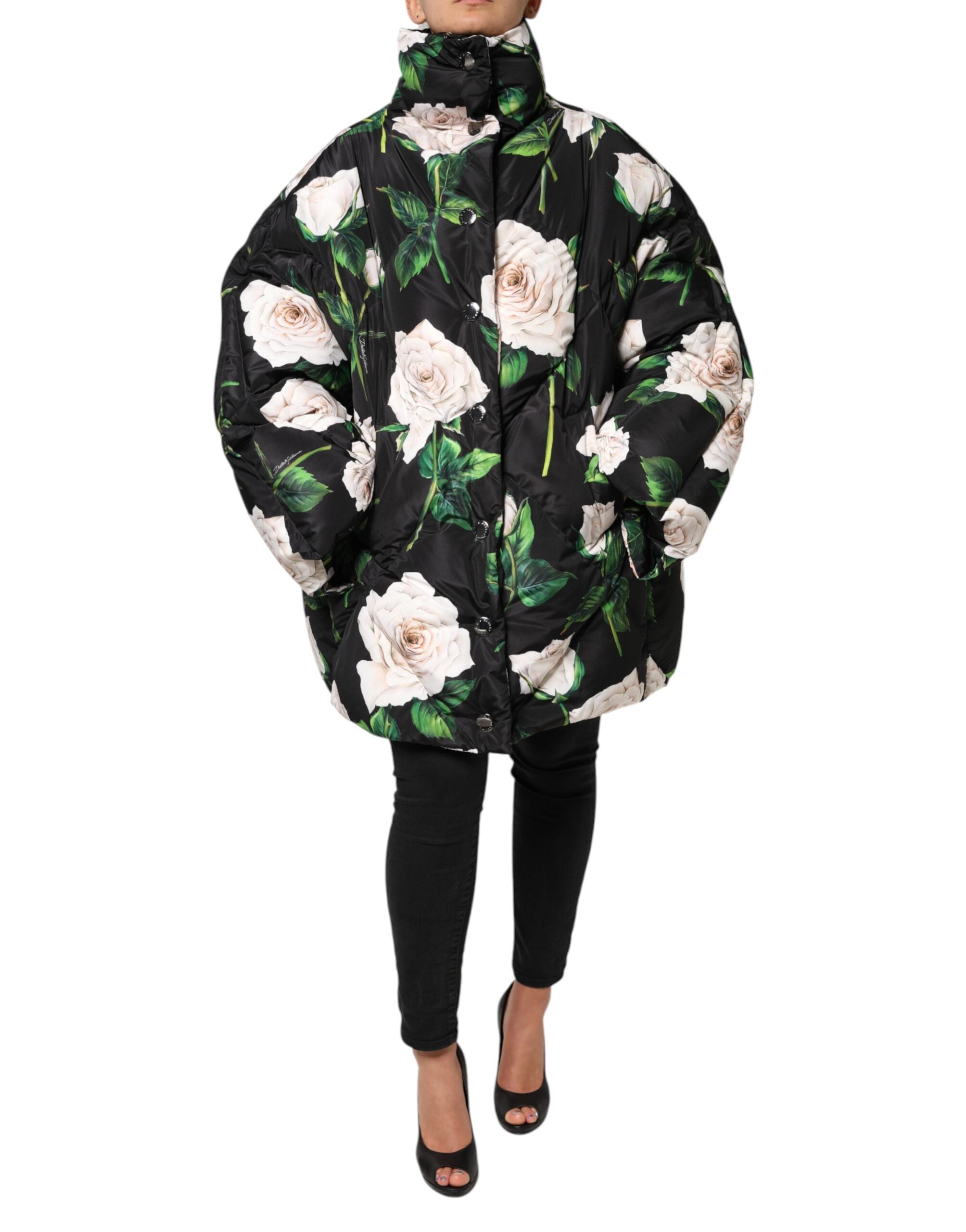 Black Floral Print Puffer Quilted Jacket - ventzia