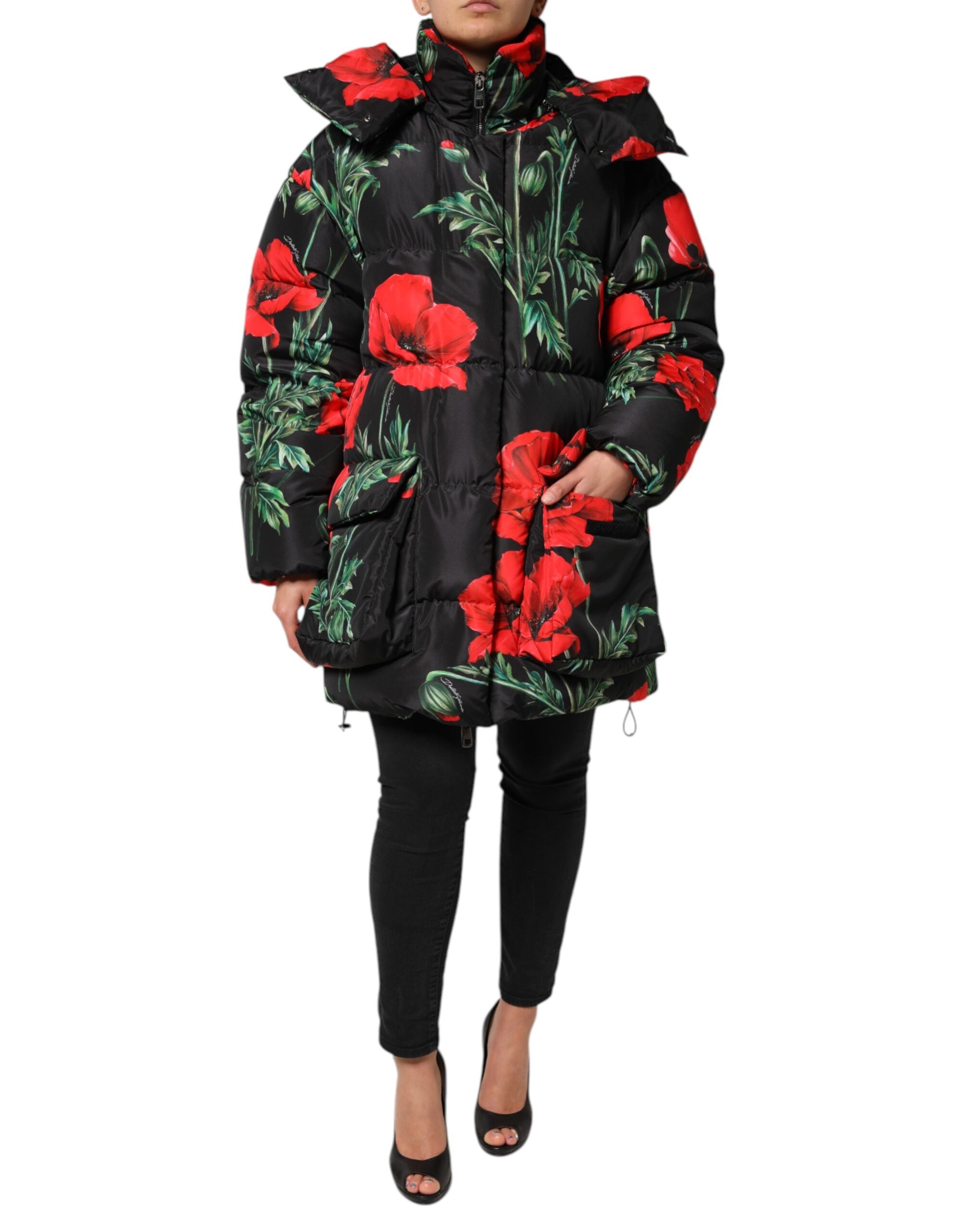 Black Floral Polyester Hooded Quilted Jacket - ventzia