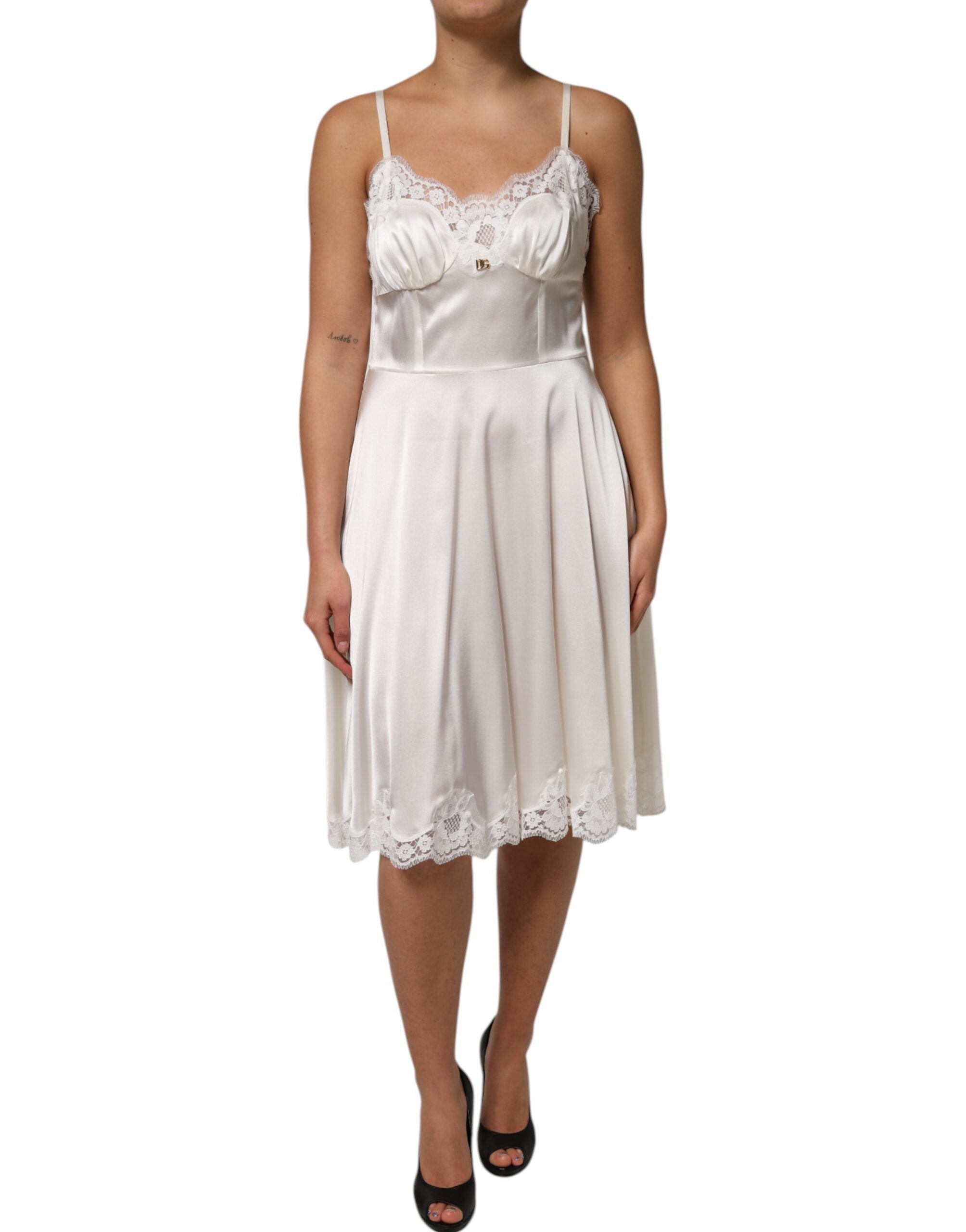 White Lace DG Logo Silk Dress Sleepwear - ventzia