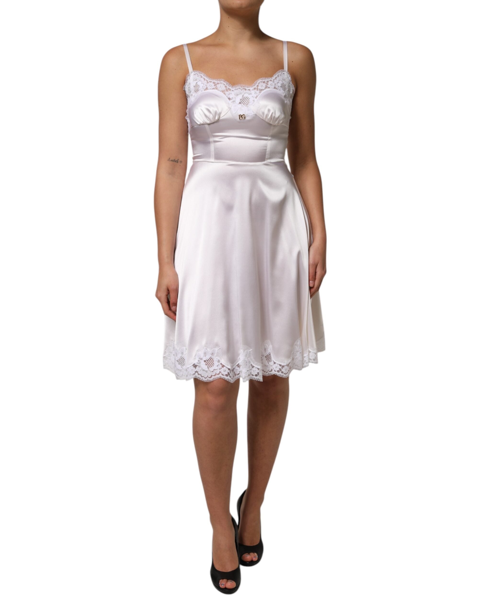 White Lace Gold DG Logo Silk Dress Sleepwear - ventzia