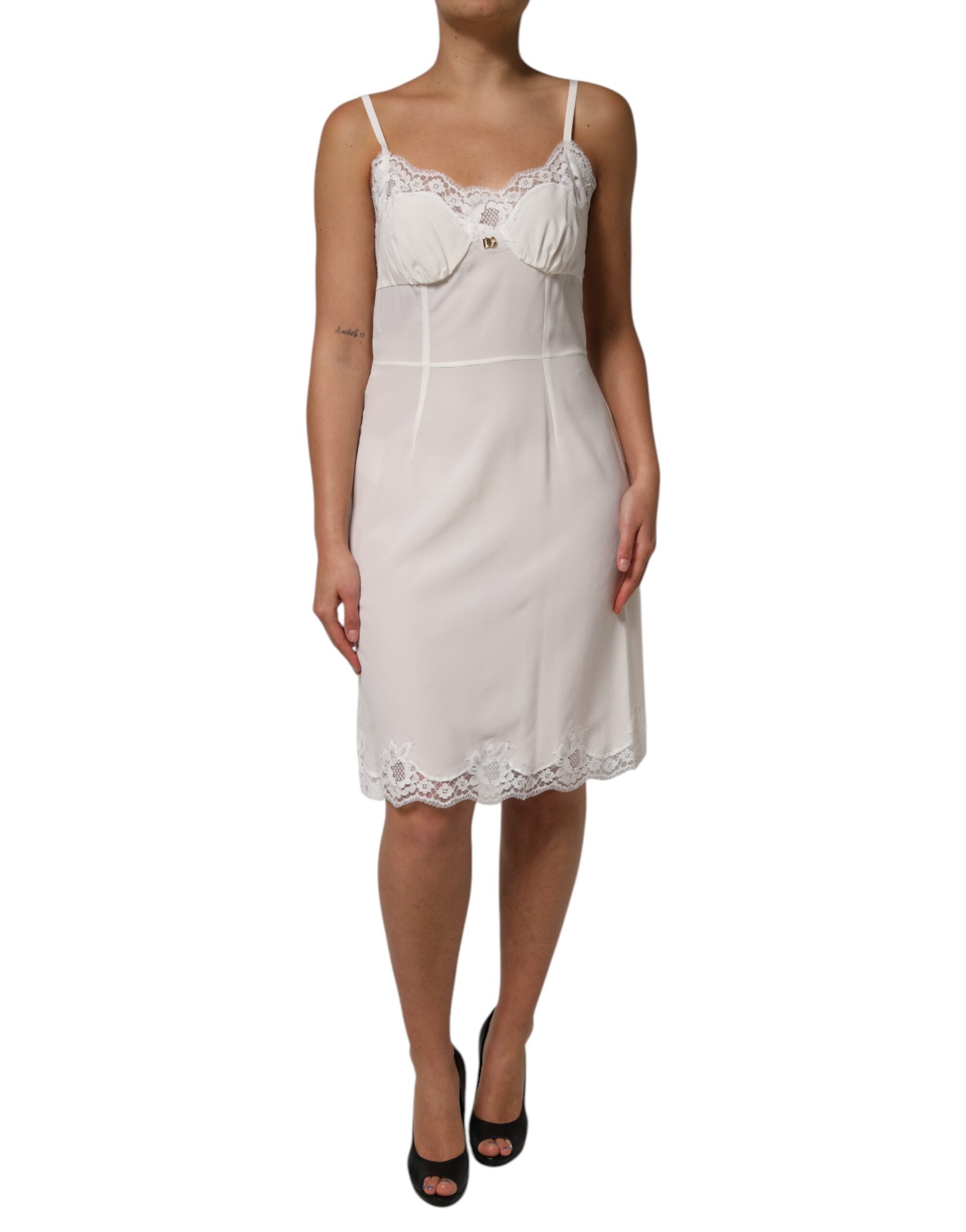 White Lace Gold DG Logo Silk Dress Sleepwear - ventzia