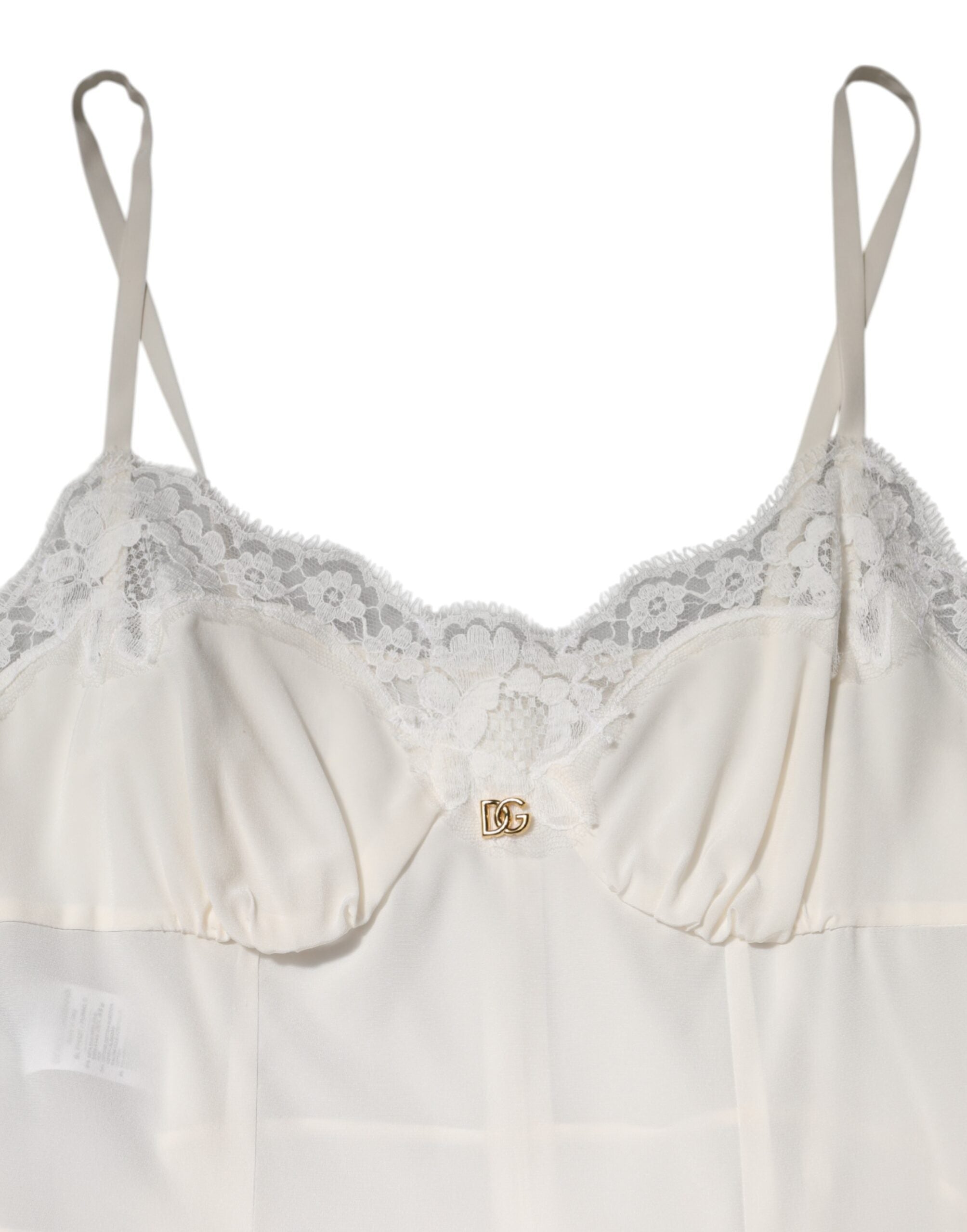 White Lace Gold DG Logo Silk Dress Sleepwear - ventzia