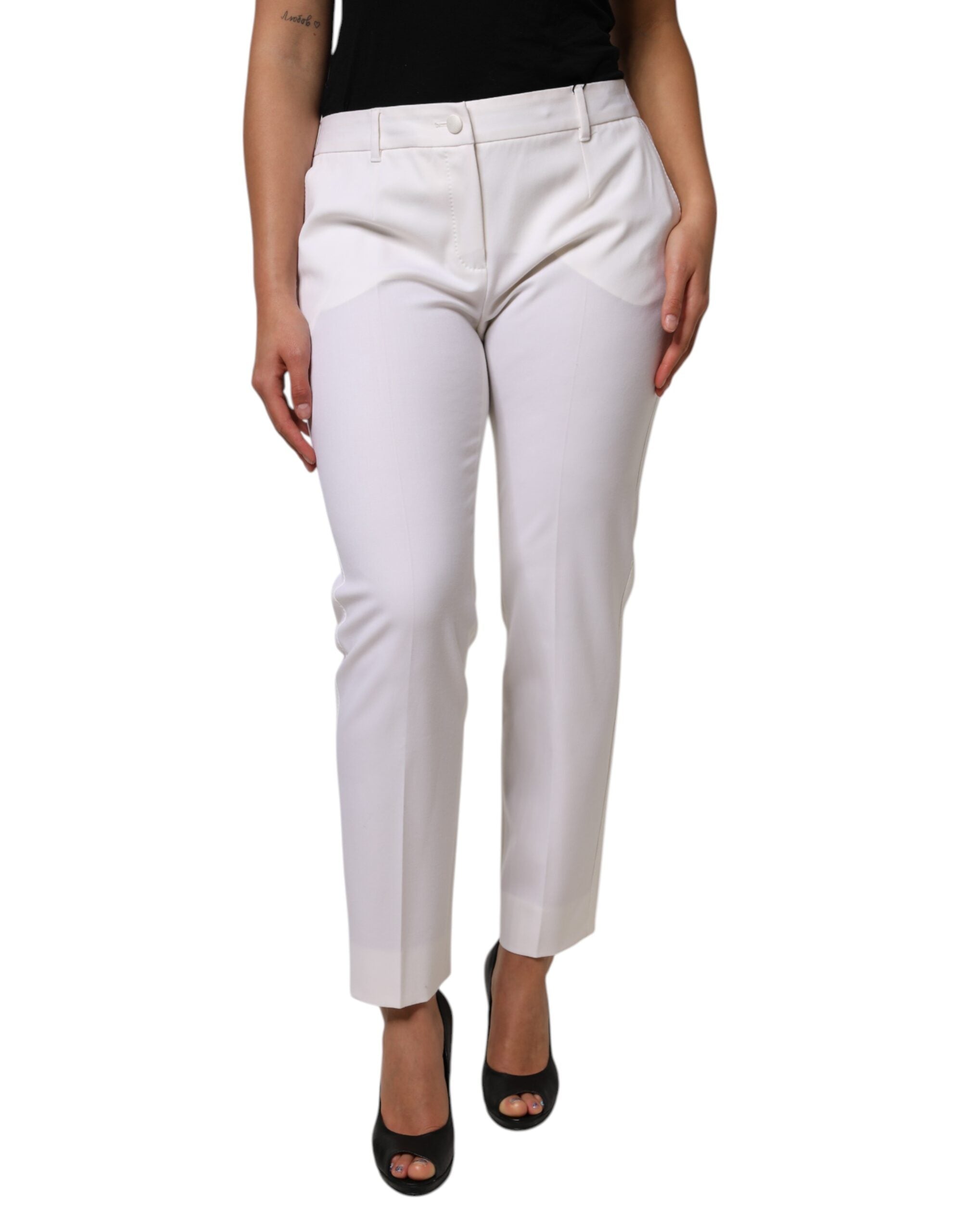 White Wool Mid Waist Tapered Pants - ventzia
