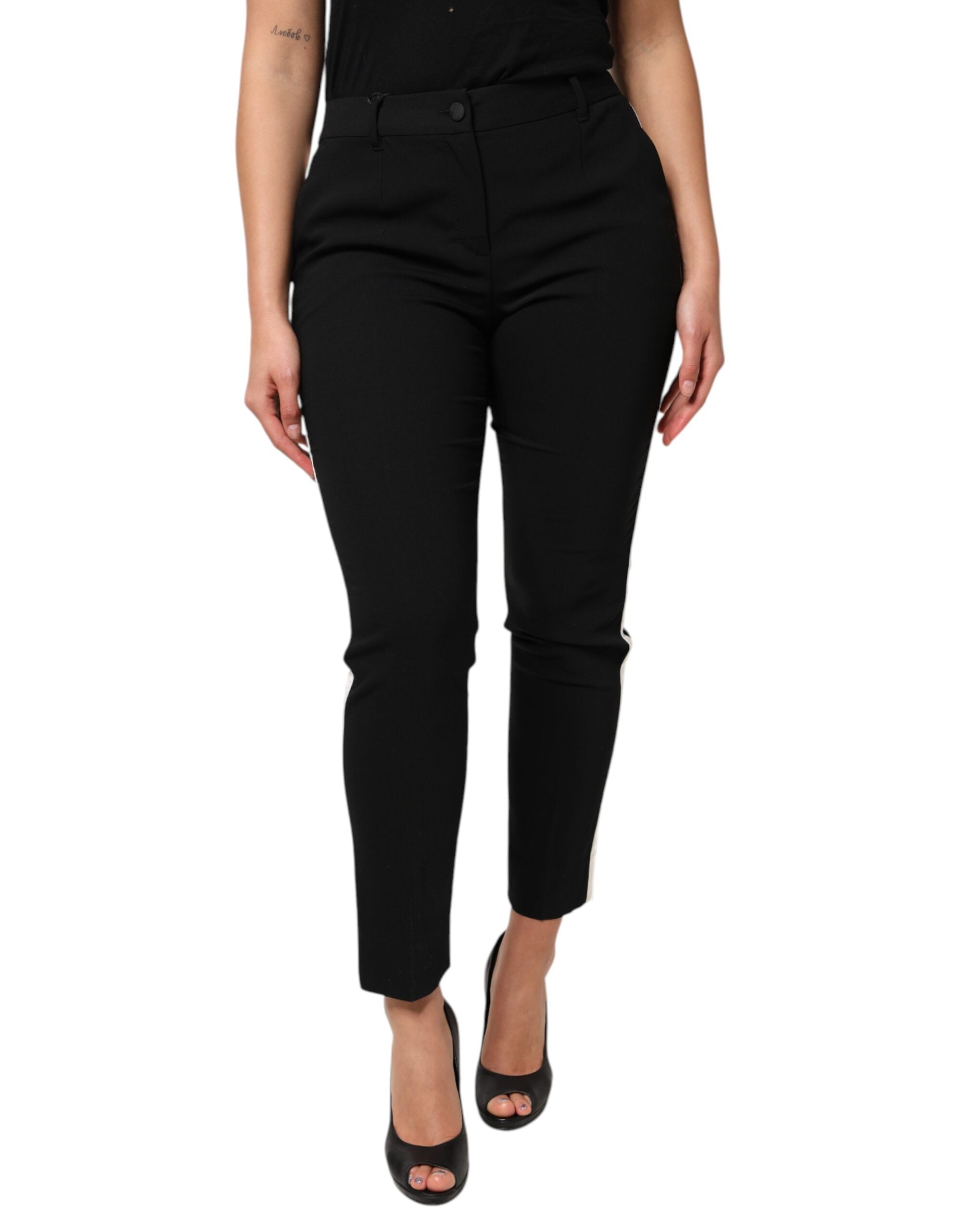 Black Wool High Waist Tapered Pants - ventzia