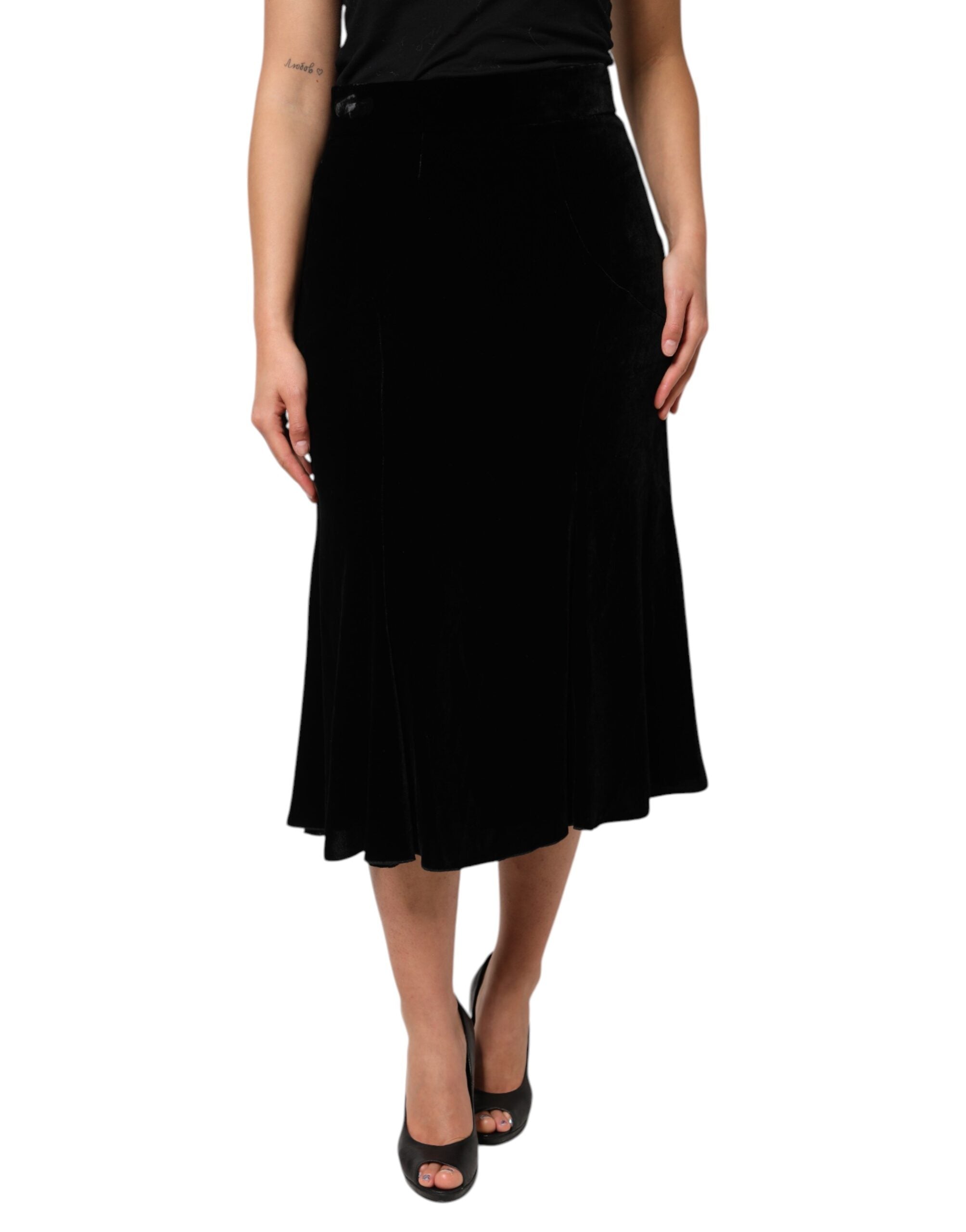 Black High Waist Fit Flared Midi Skirt - ventzia