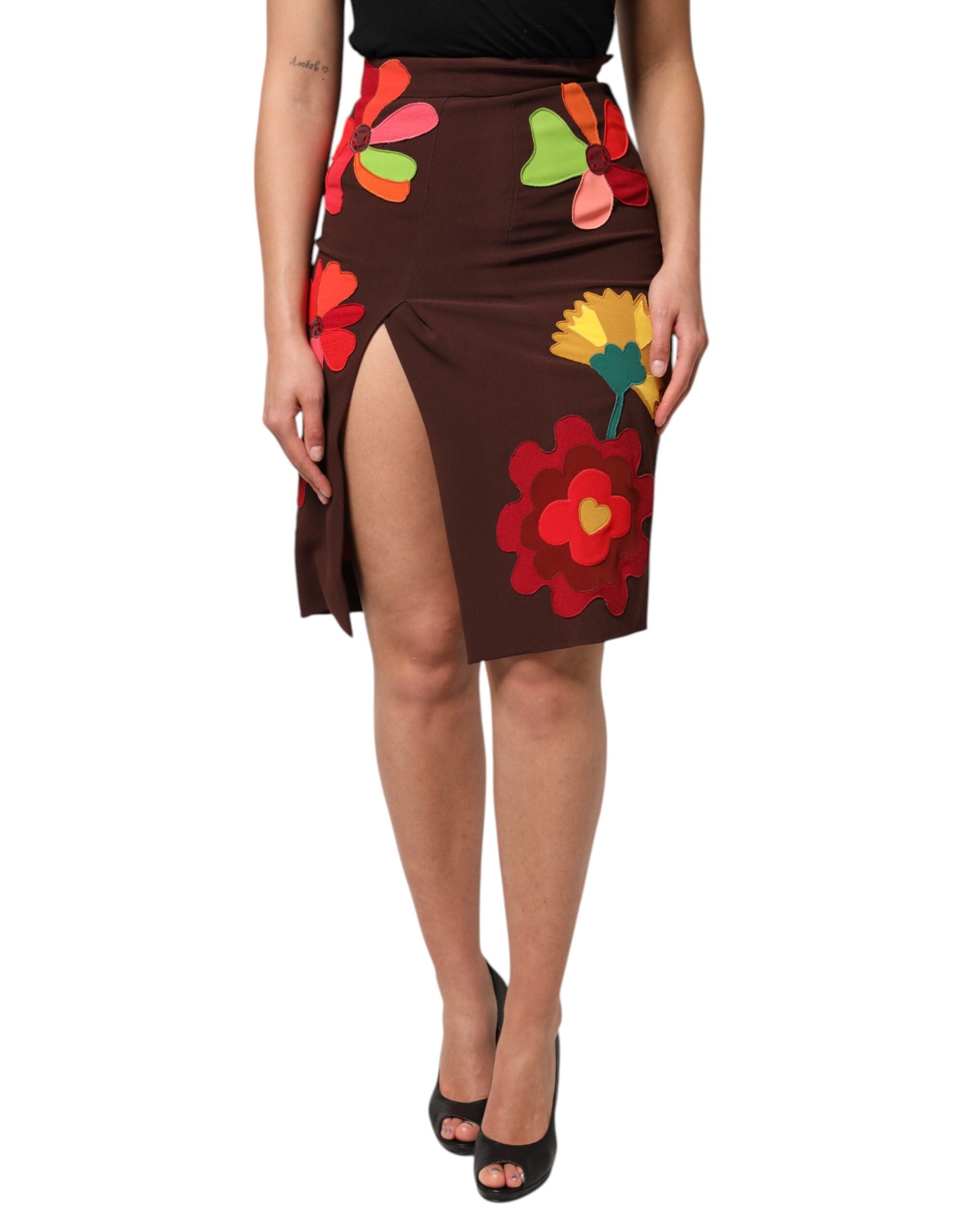 Brown Floral High Waist Side Slit Skirt - ventzia