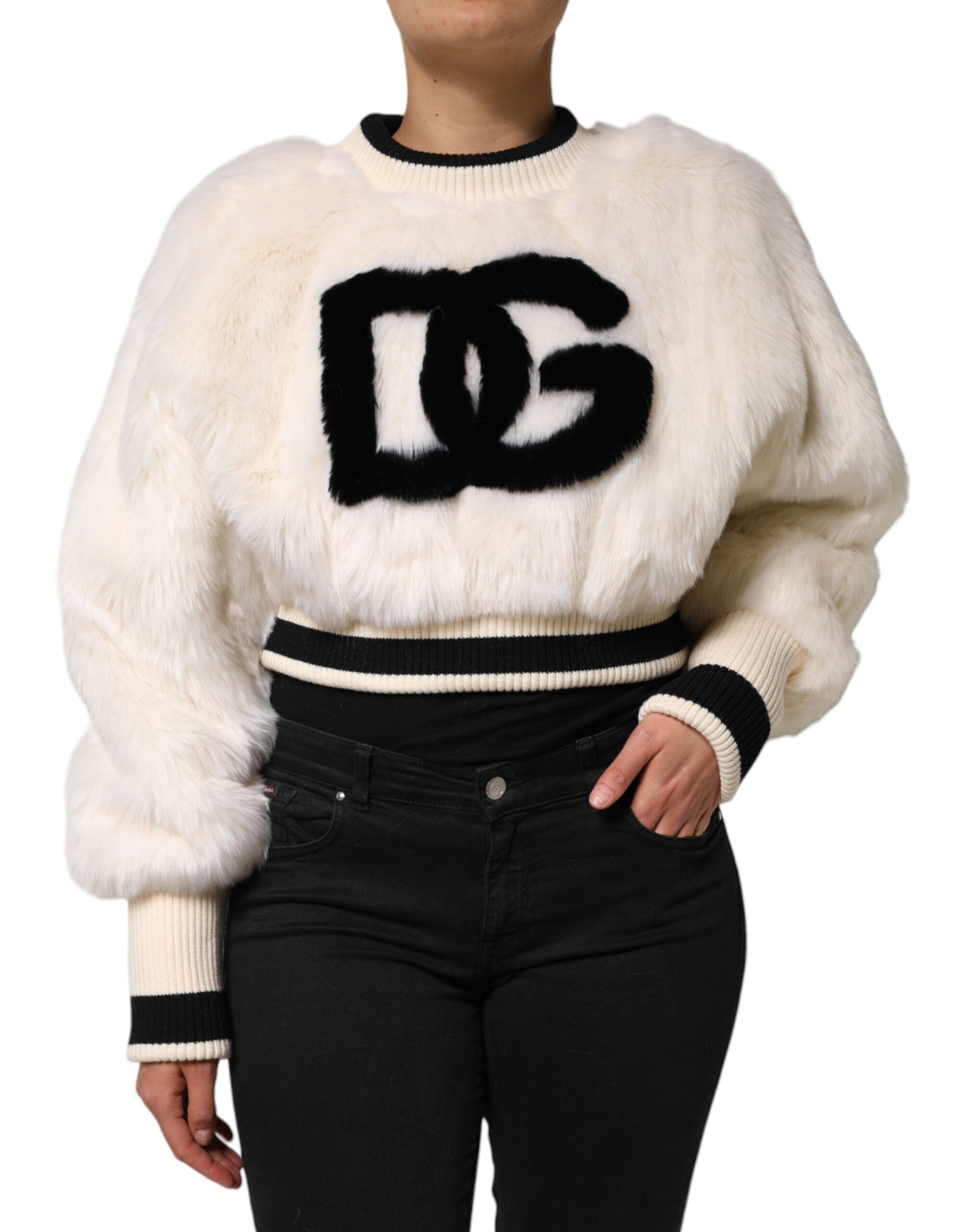 White Cropped Faux Fur DG Sweatshirt Sweater - ventzia