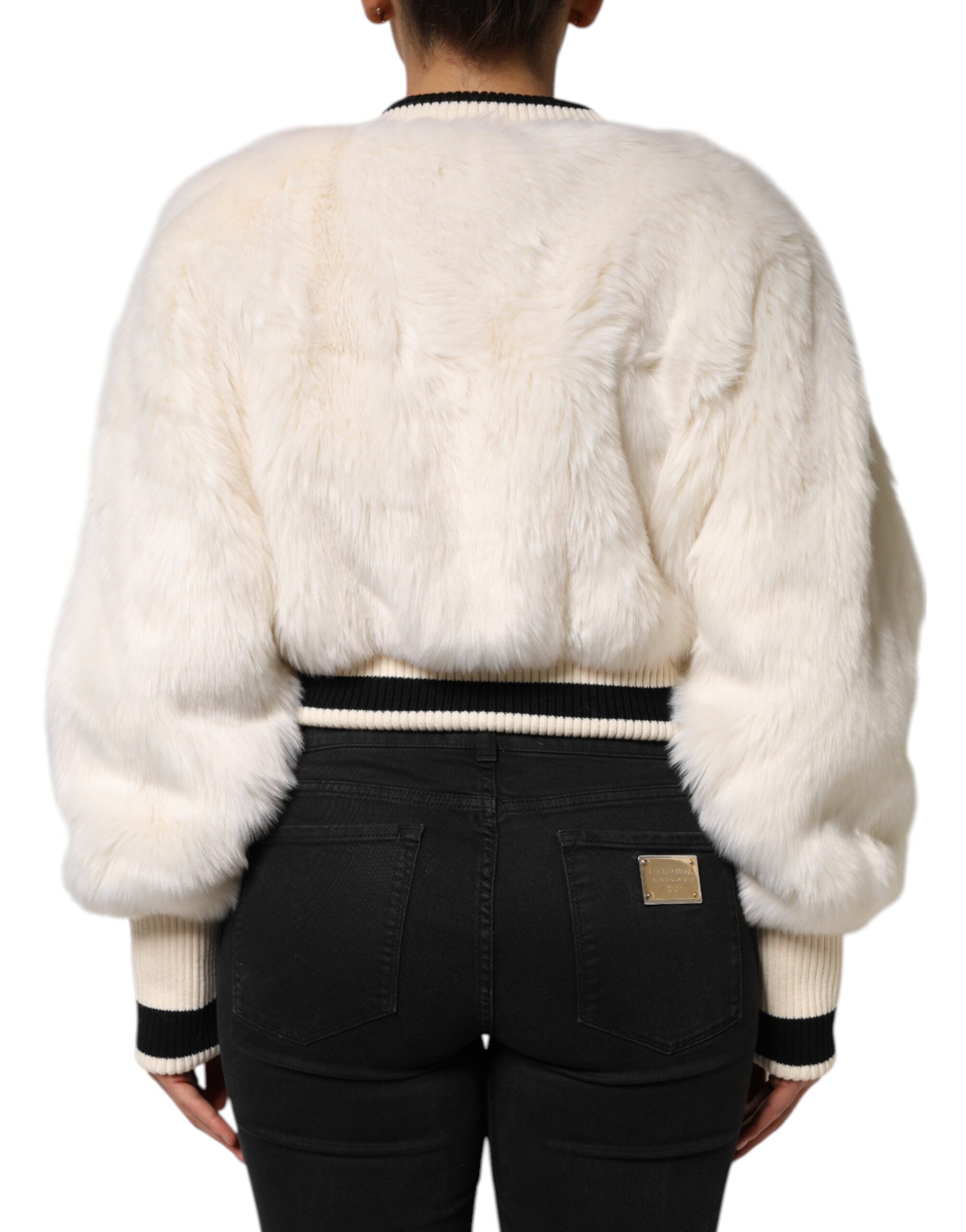 White Cropped Faux Fur DG Sweatshirt Sweater - ventzia