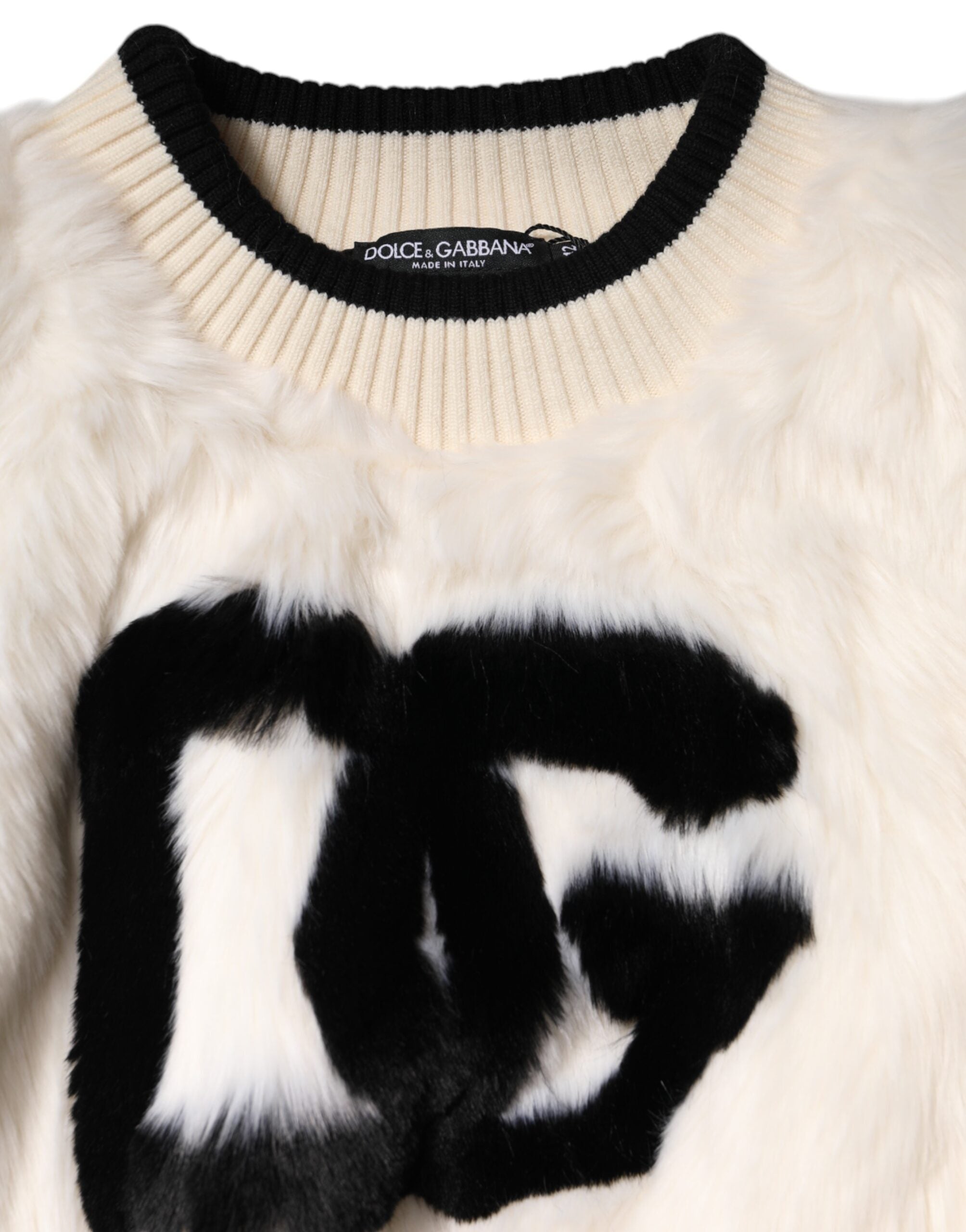 White Cropped Faux Fur DG Sweatshirt Sweater - ventzia