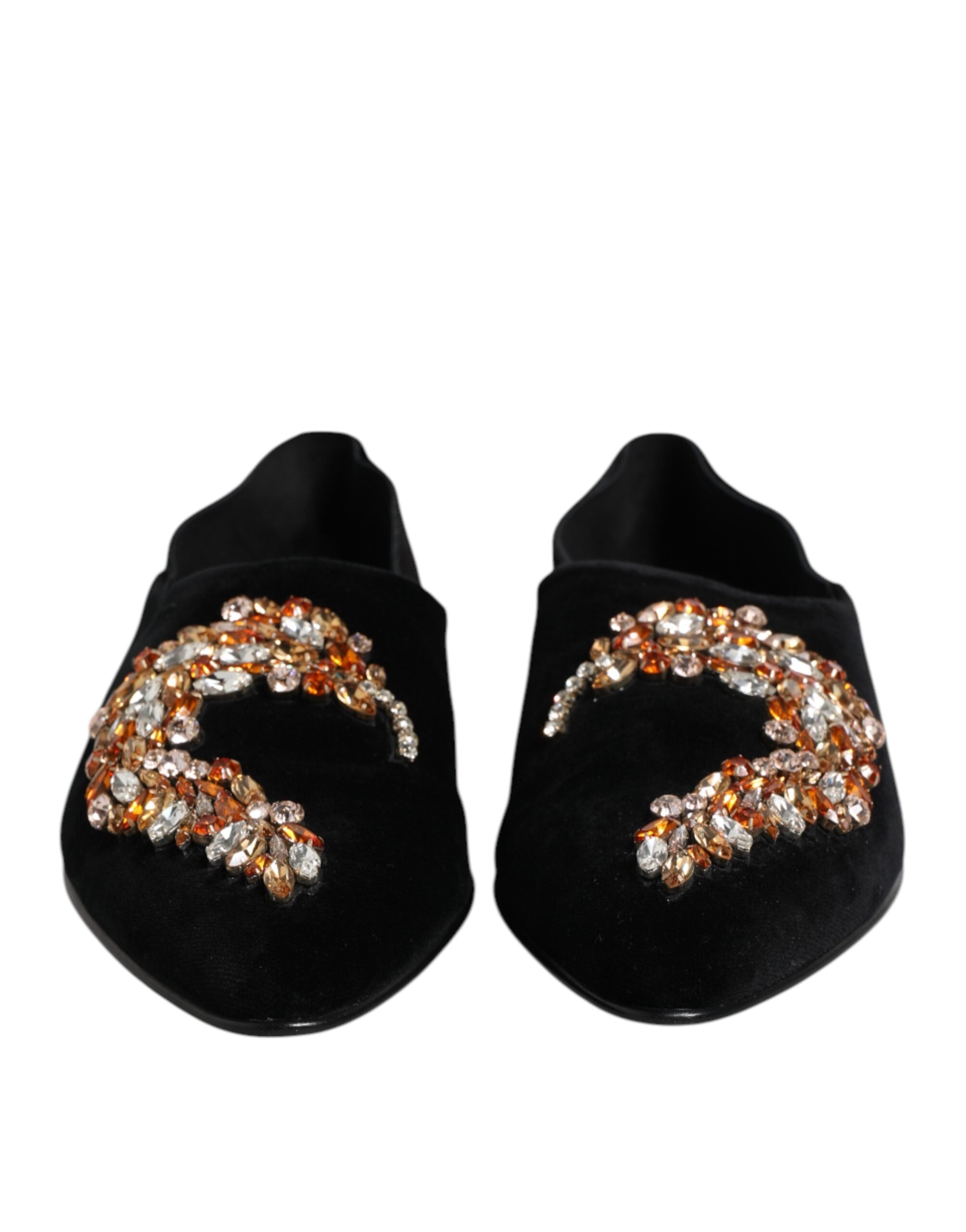 Black Velvet Embellished Loafer Slip On Shoes - ventzia
