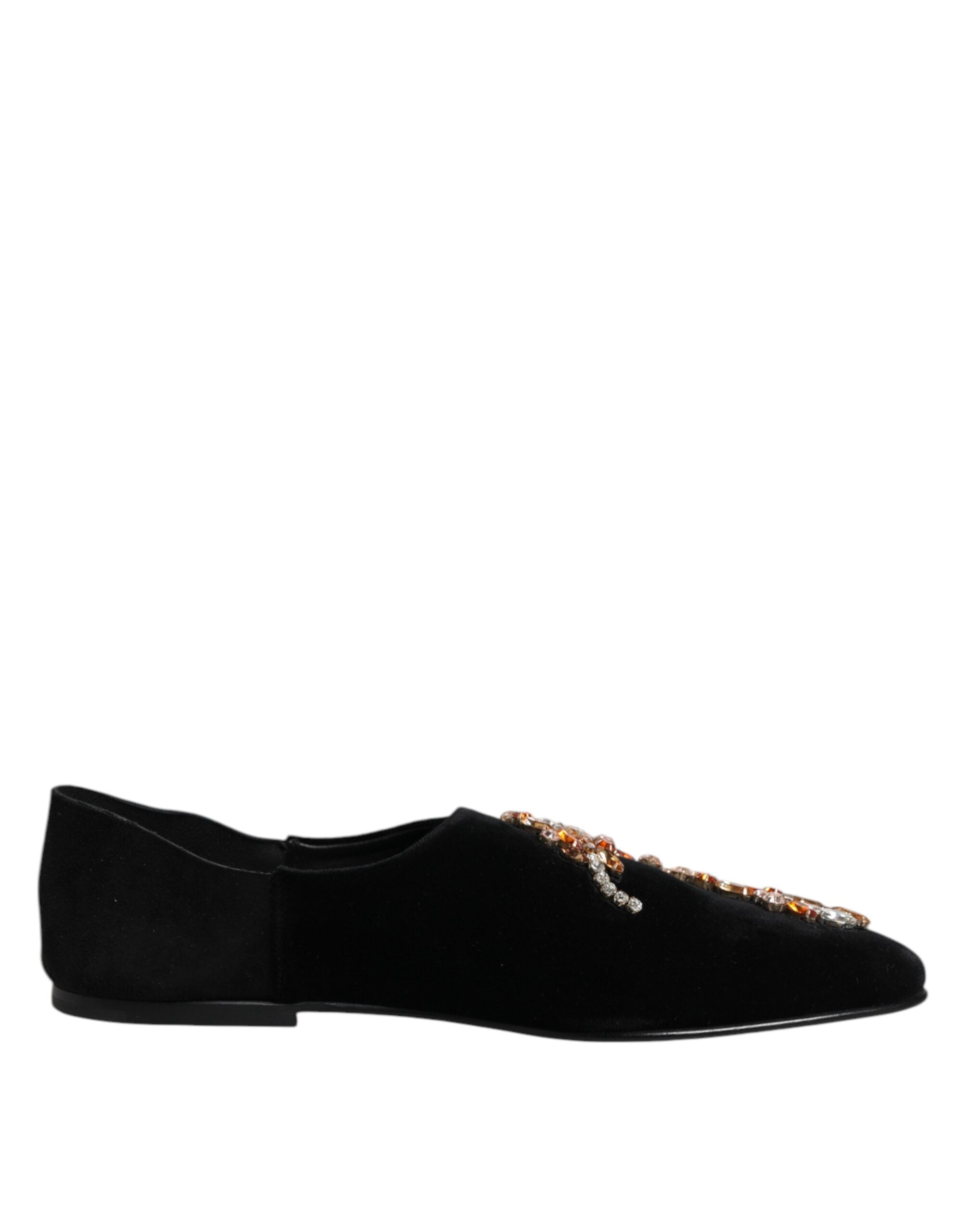 Black Velvet Embellished Loafer Slip On Shoes - ventzia