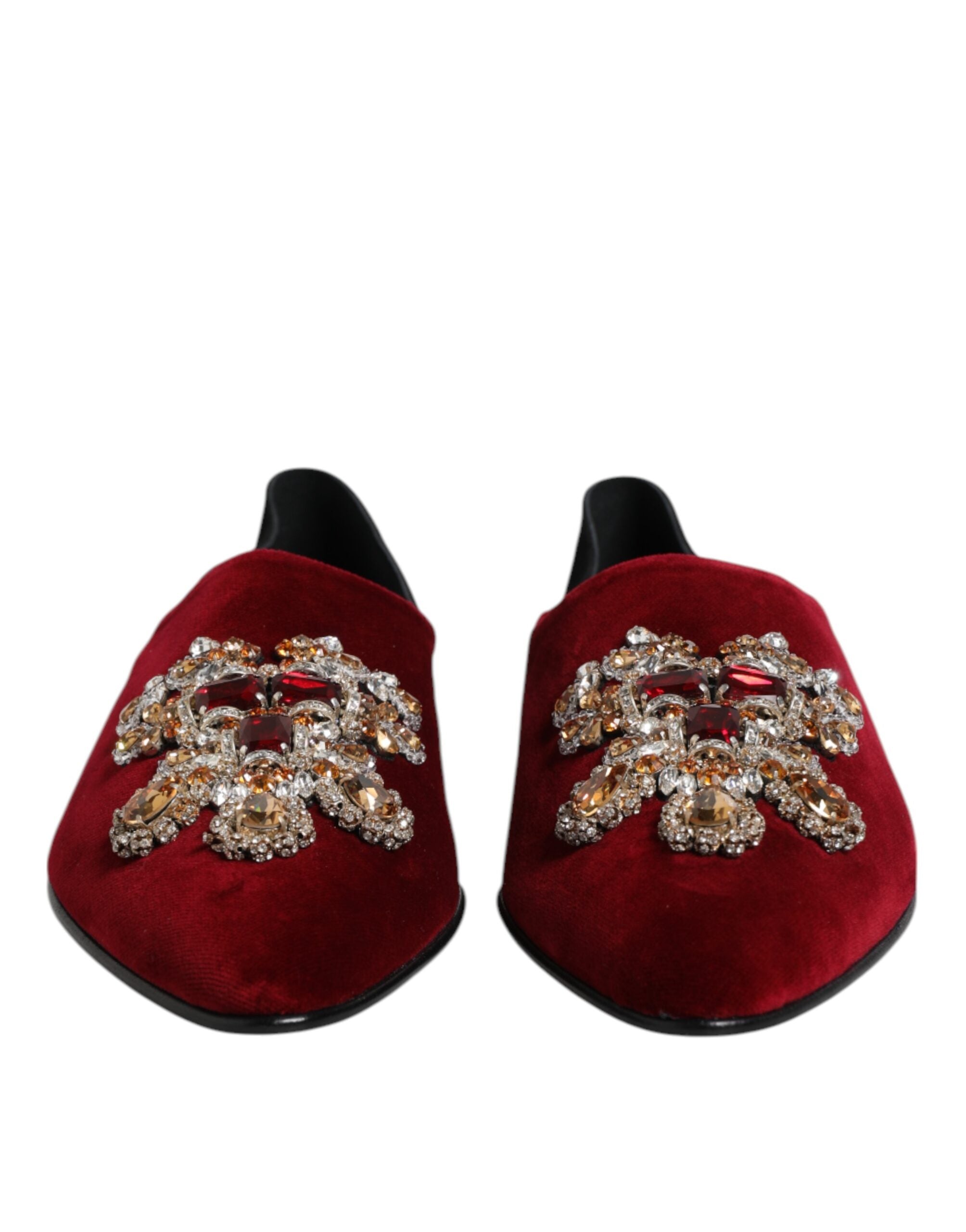 Black Red Velvet Embellished Slip On Shoes - ventzia