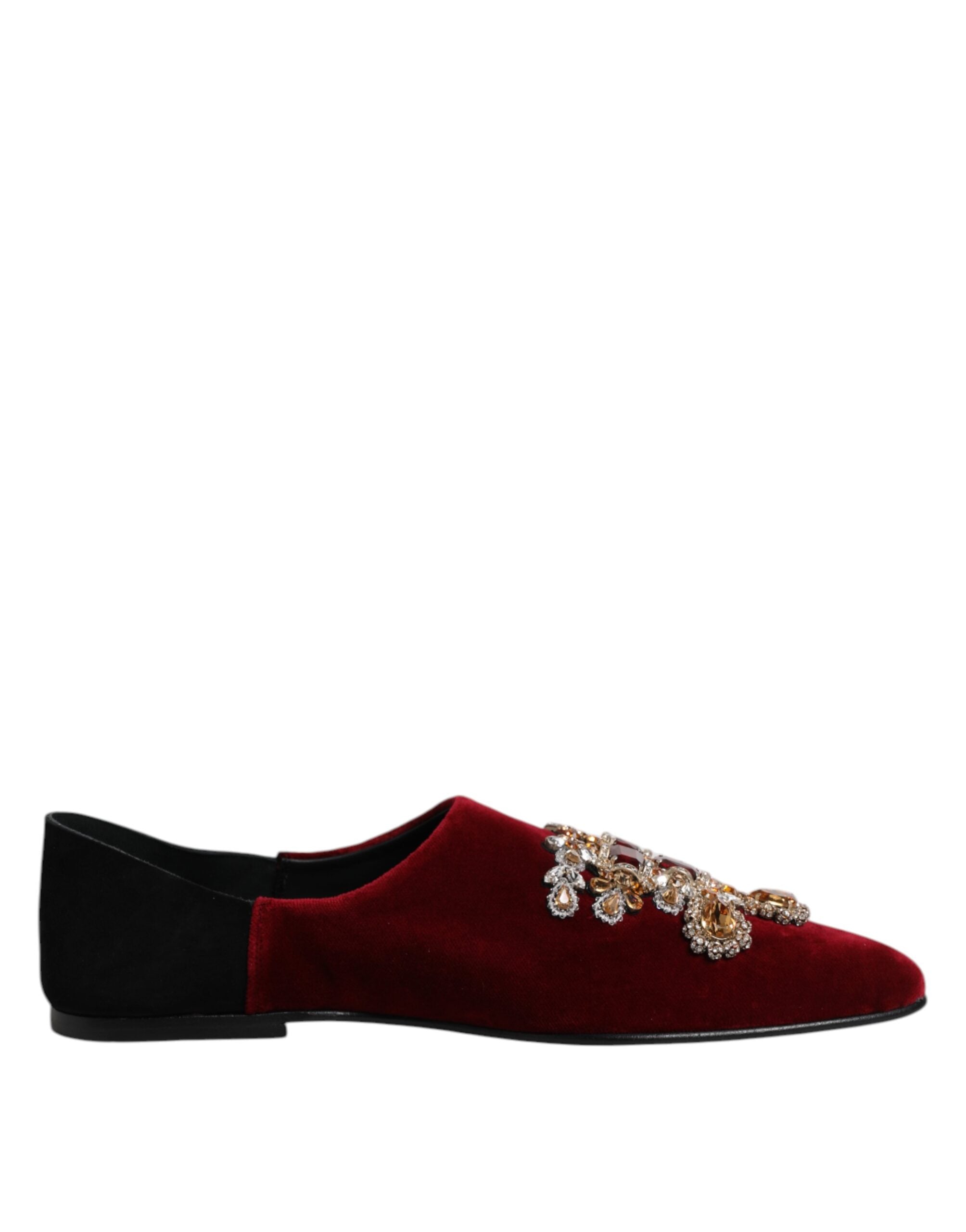 Black Red Velvet Embellished Slip On Shoes - ventzia