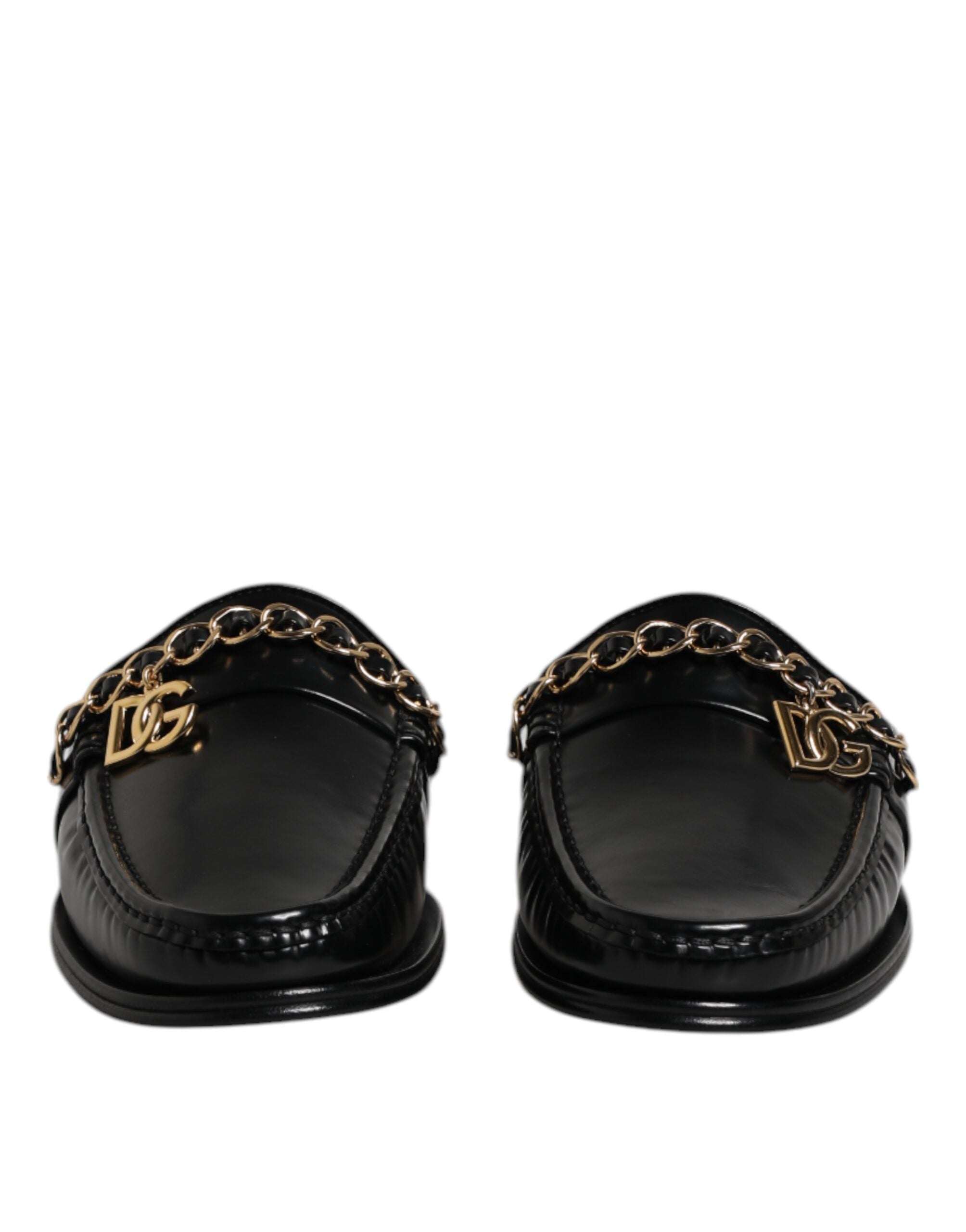 Black Leather DG Chain Embellished Sandals Shoes - ventzia