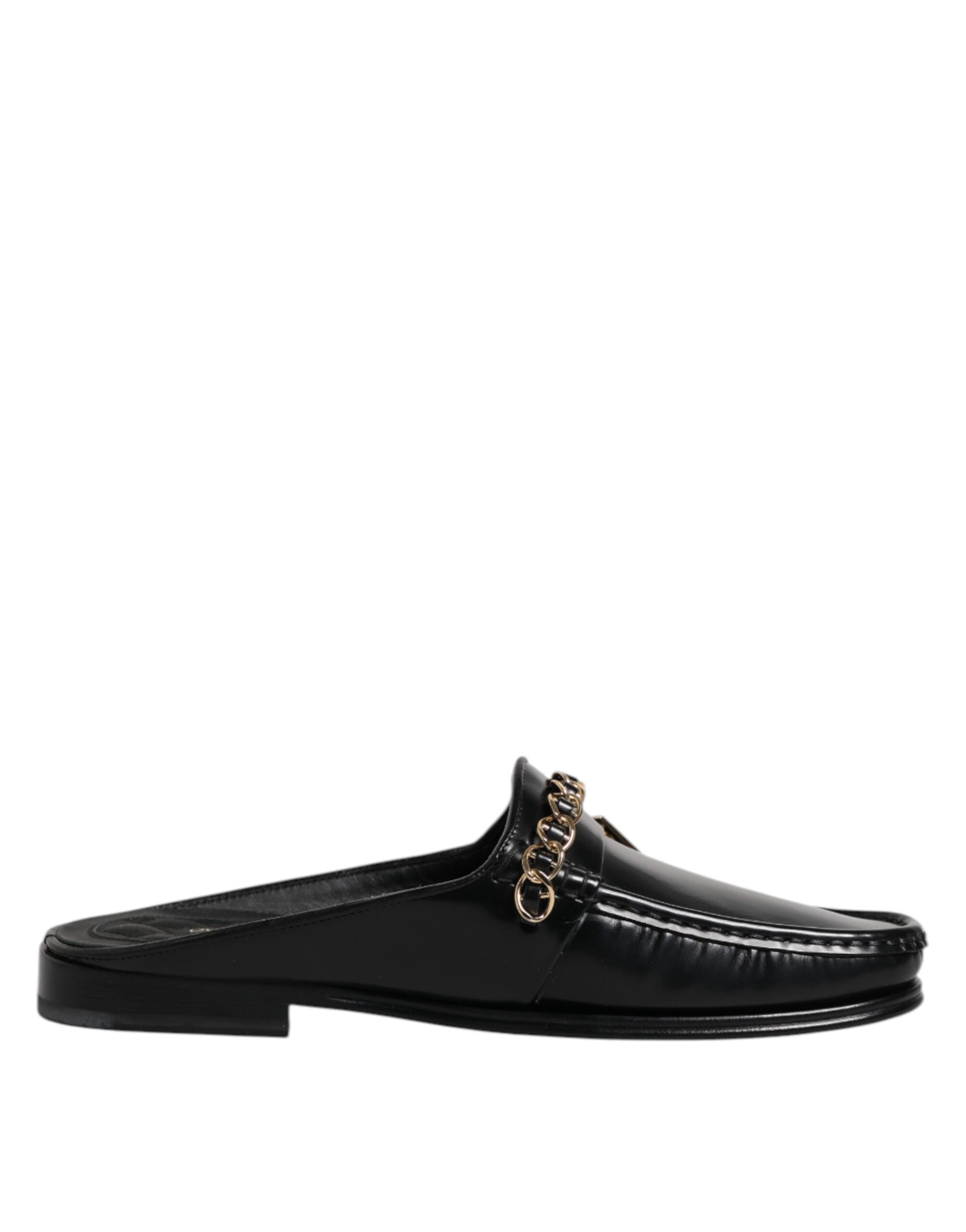 Black Leather DG Chain Embellished Sandals Shoes - ventzia