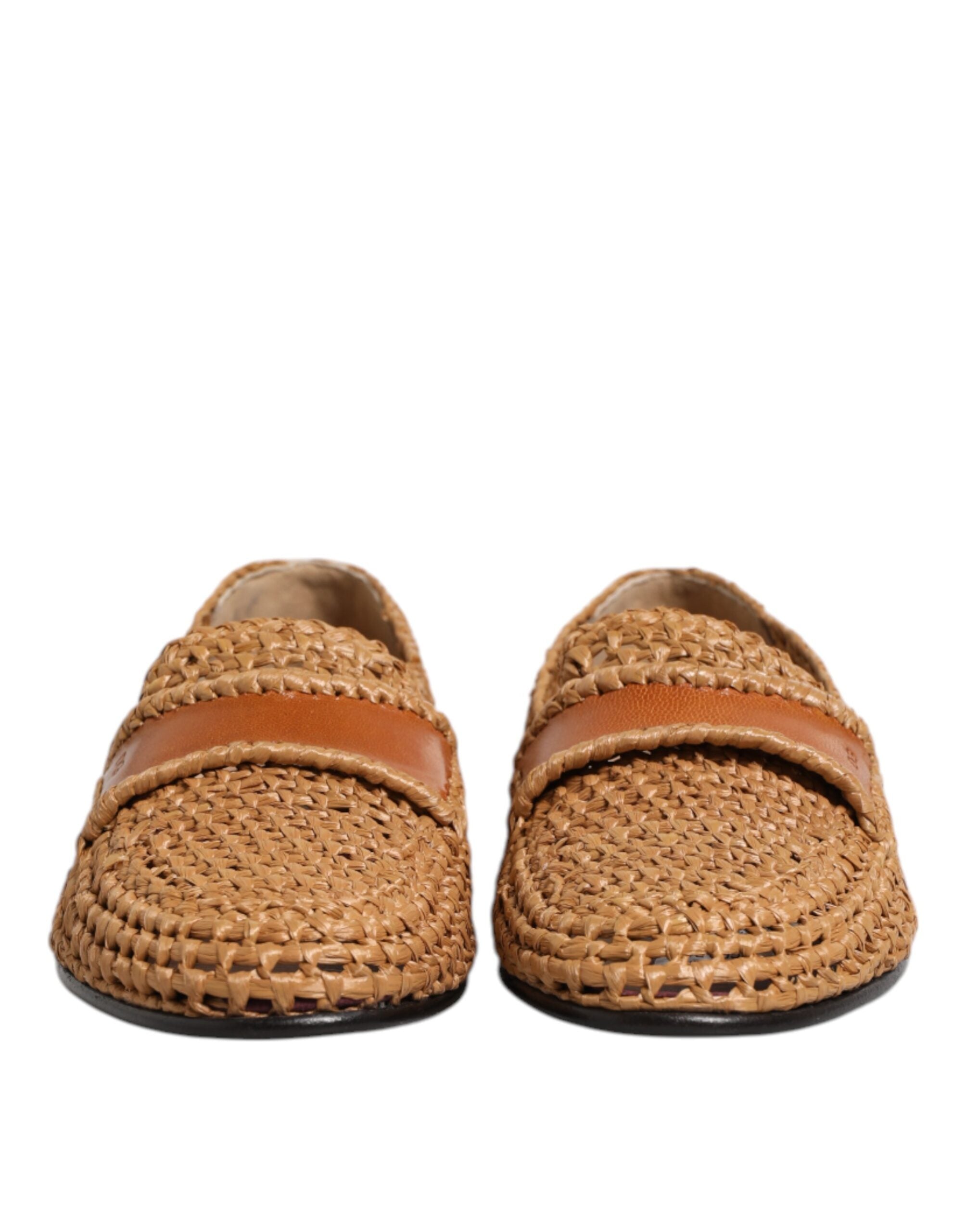 Brown Woven Raffia Slip On Loafers Shoes - ventzia