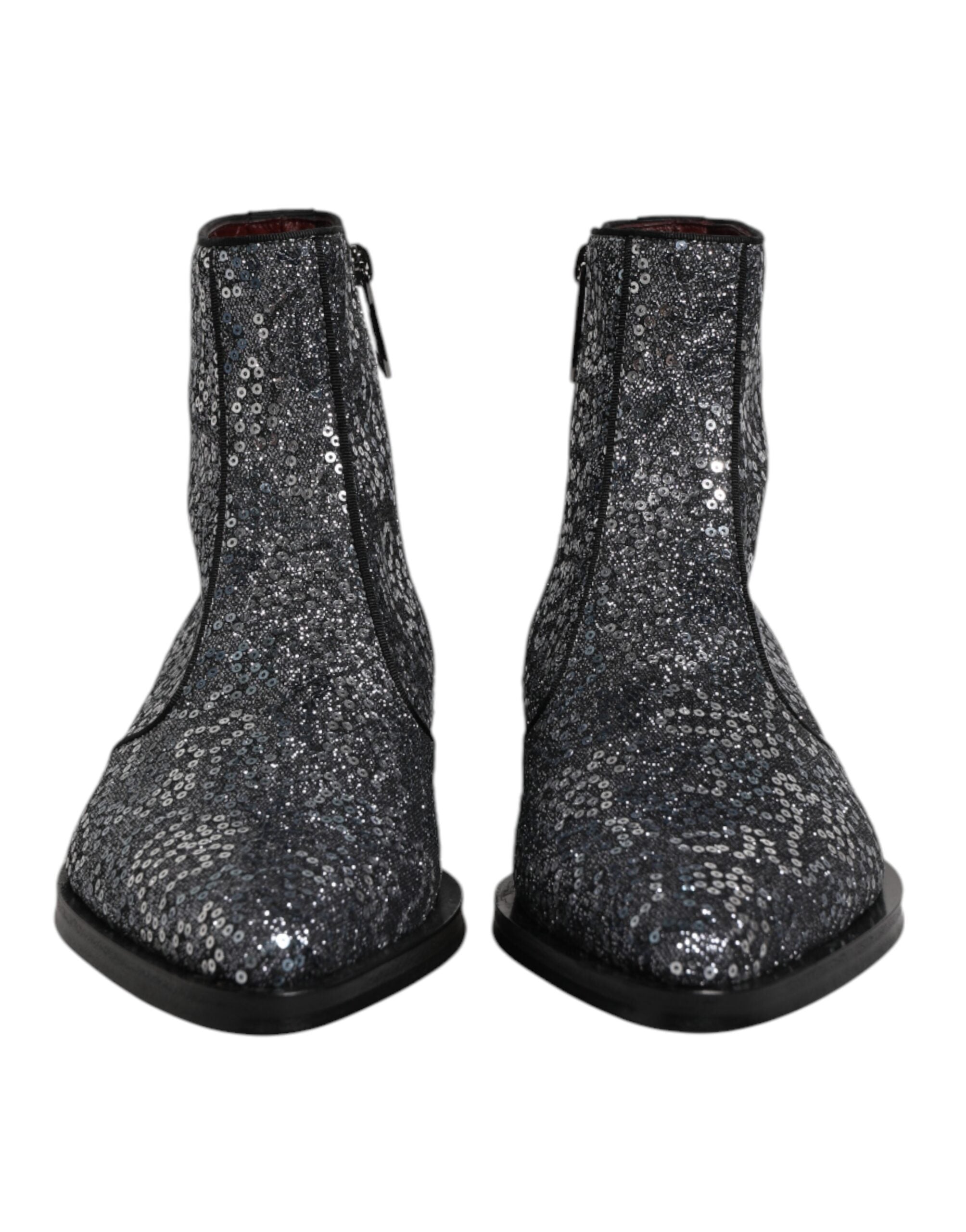 Dark Gray Cotton Sequined Chelsea Boots Shoes - ventzia