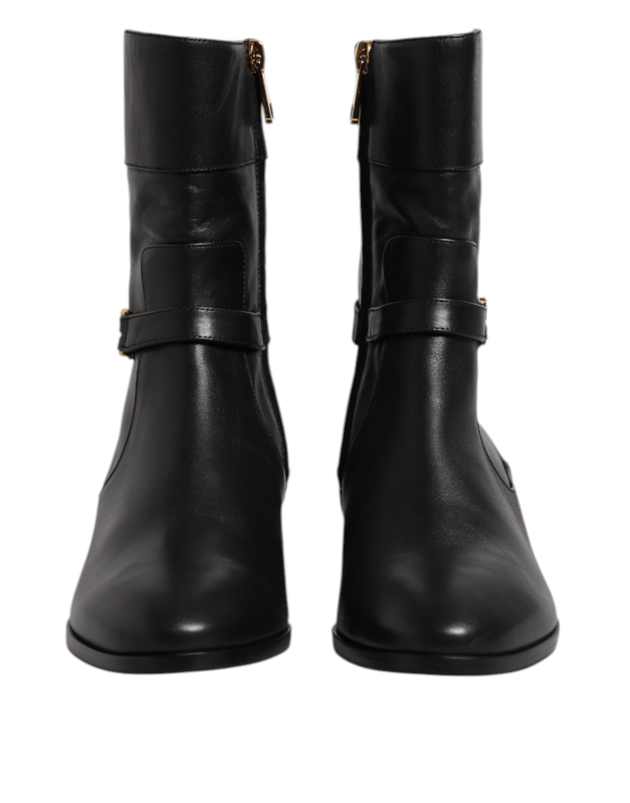 Black Leather Flats Logo Short Boots Shoes - ventzia