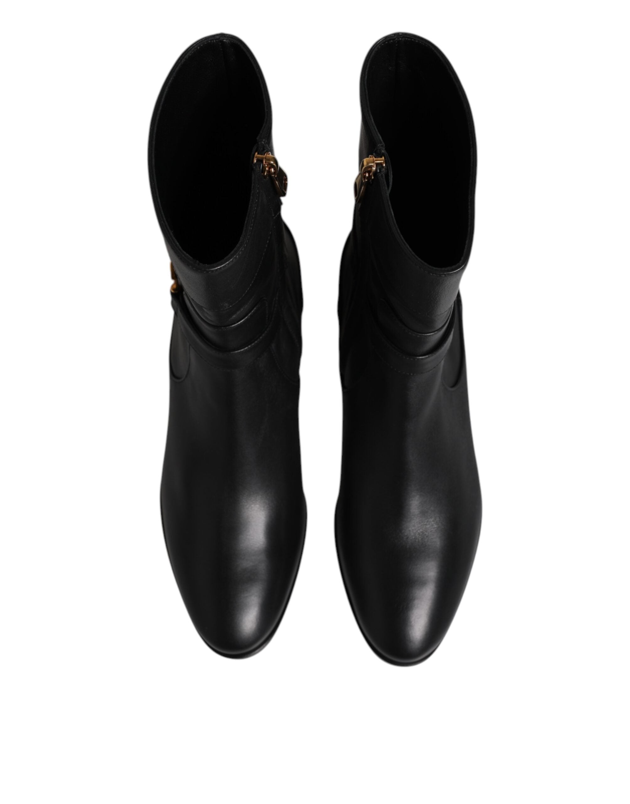 Black Leather Flats Logo Short Boots Shoes - ventzia