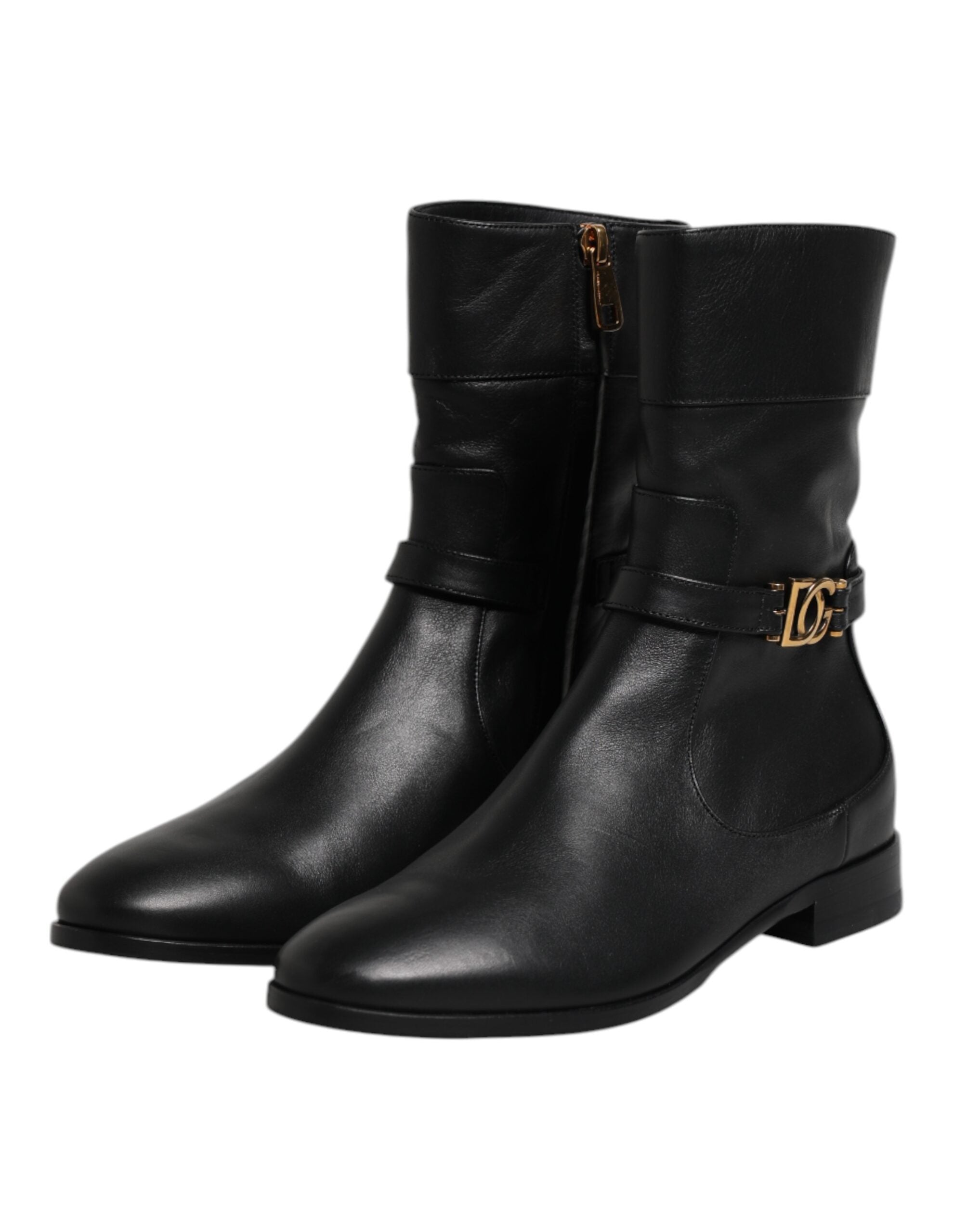 Black Leather Flats Logo Short Boots Shoes - ventzia