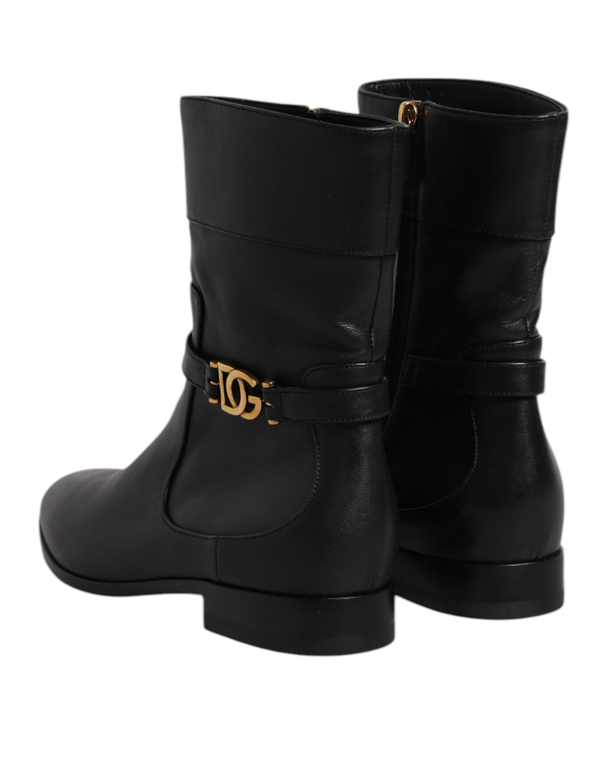 Black Leather Flats Logo Short Boots Shoes - ventzia