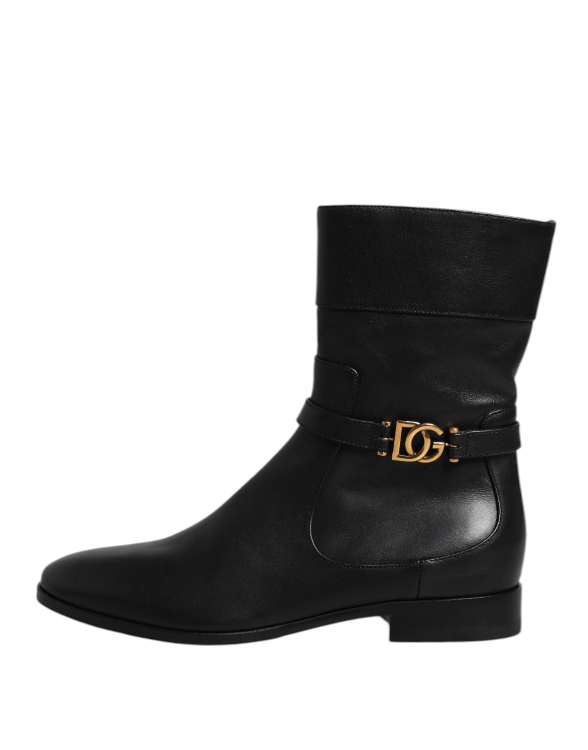 Black Leather Flats Logo Short Boots Shoes - ventzia