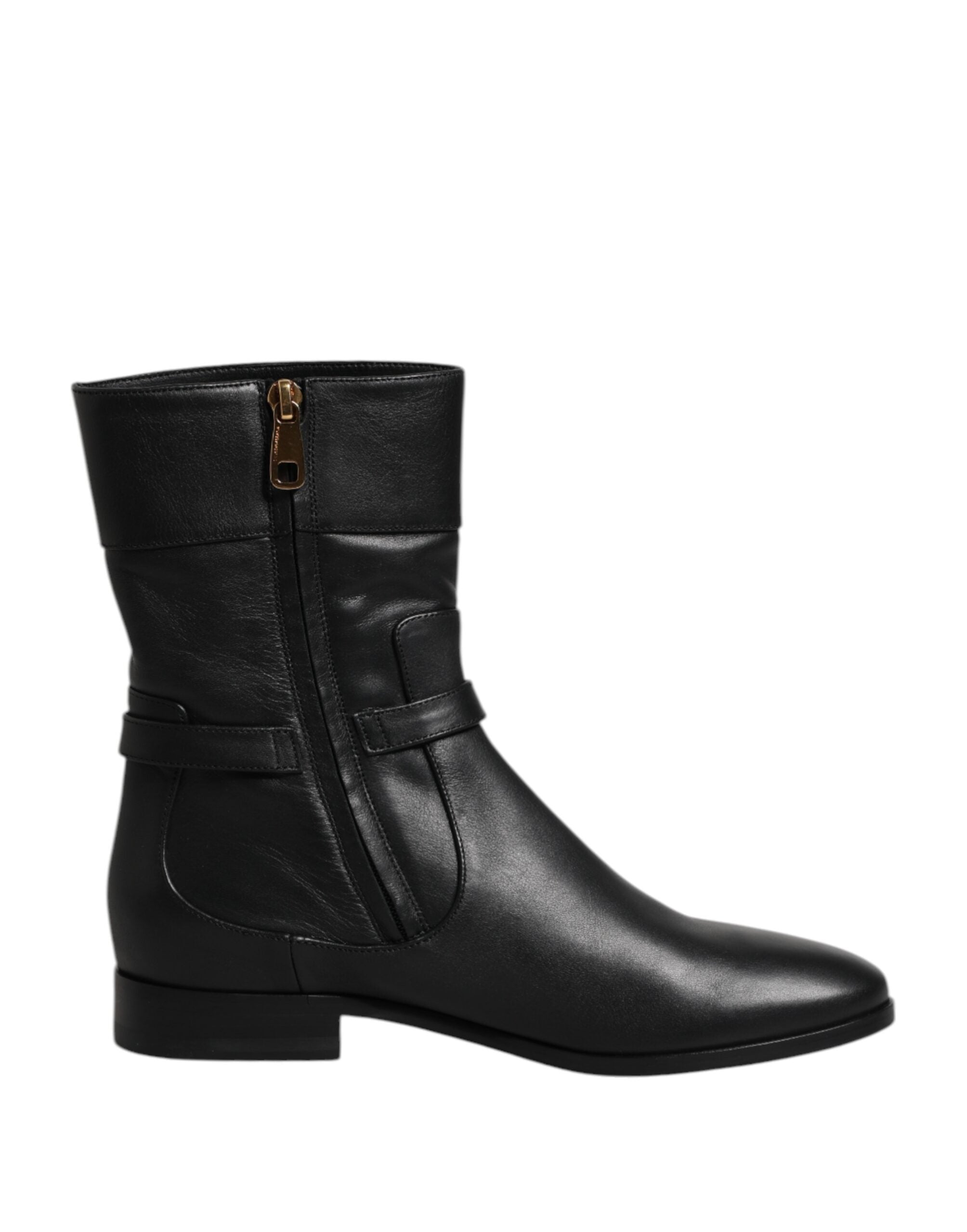Black Leather Flats Logo Short Boots Shoes - ventzia