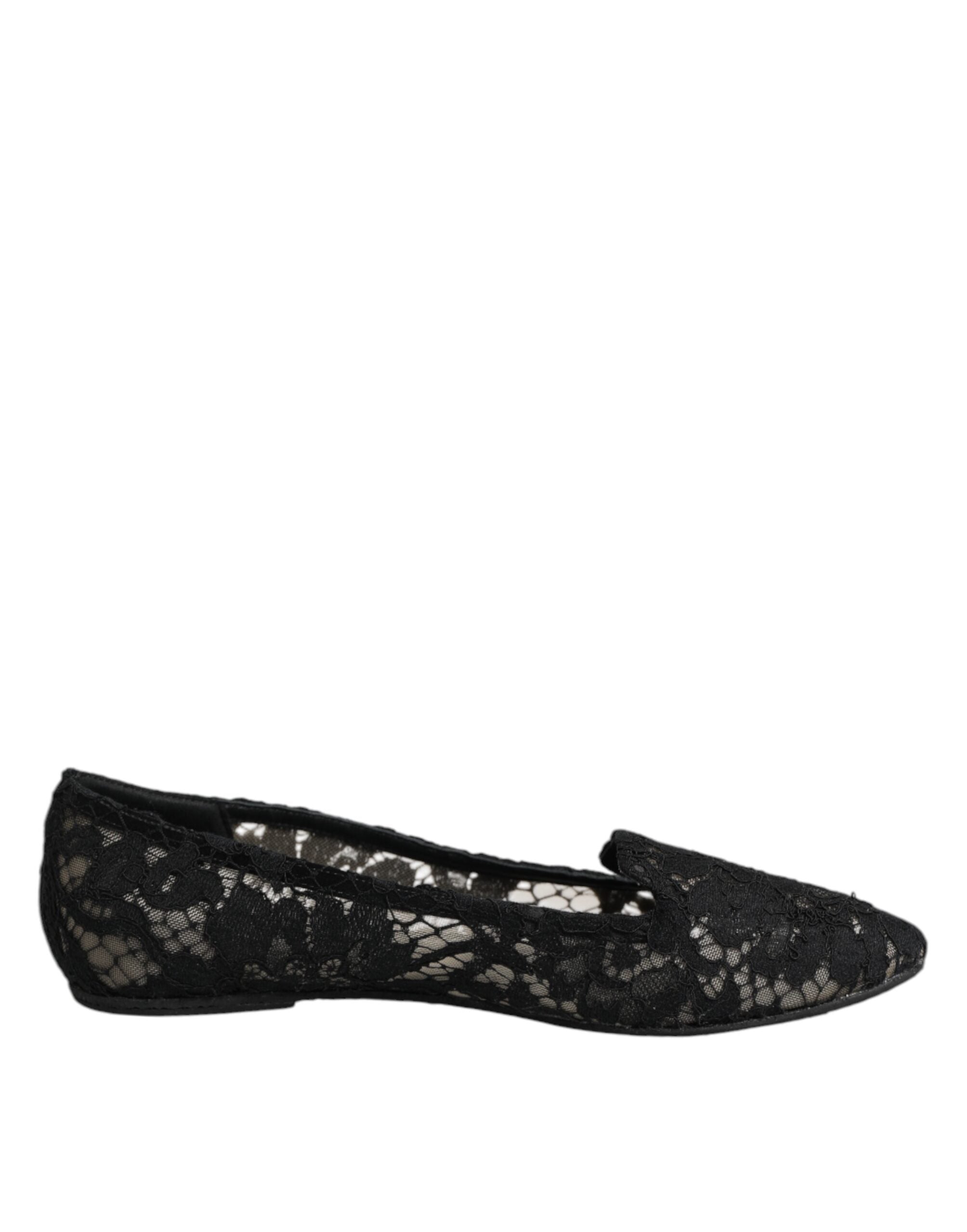 Black Taormina Lace Slip On Flats Shoes - ventzia
