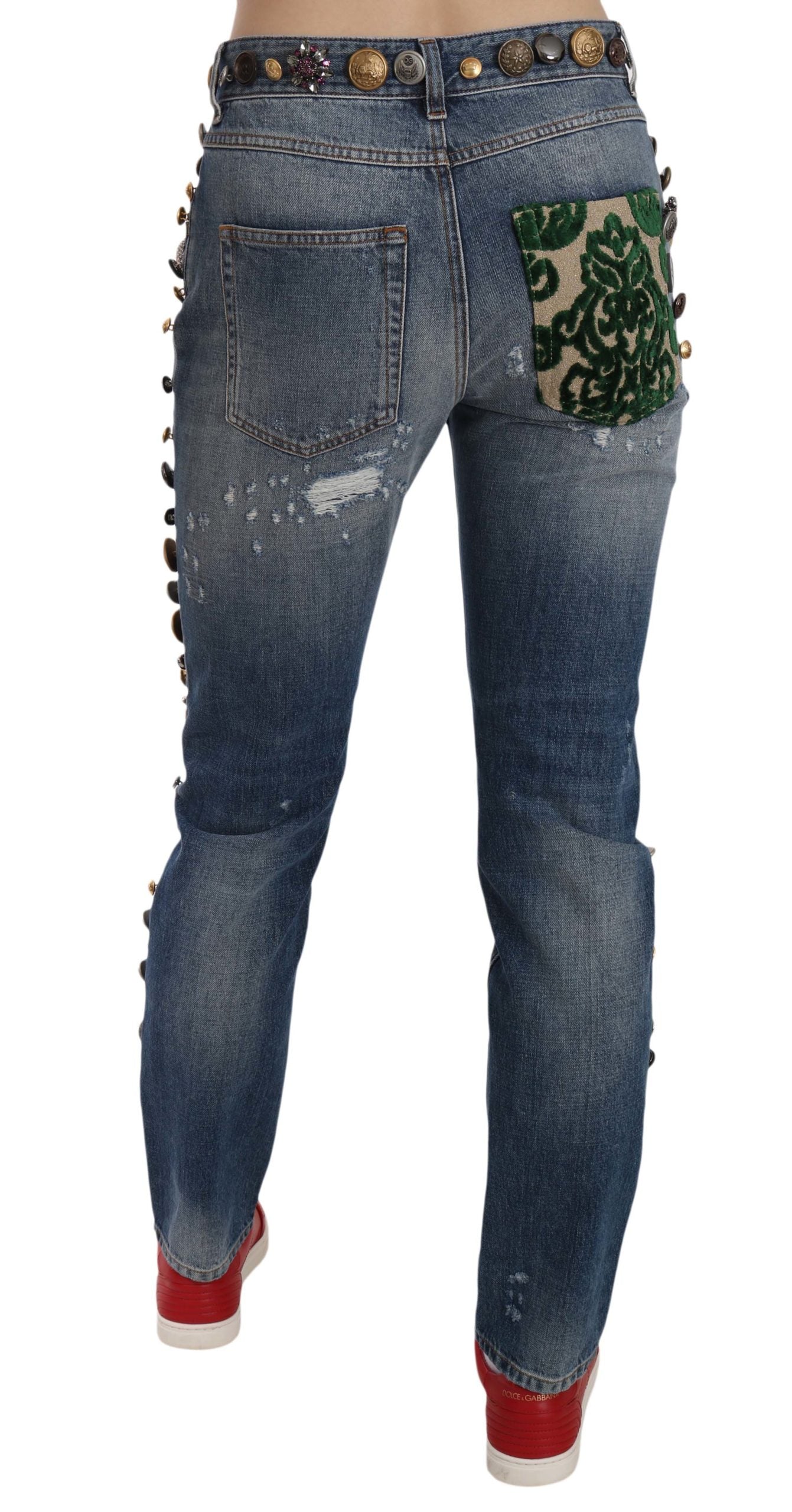 Distressed Embellished Buttons Denim Pants Jeans - ventzia