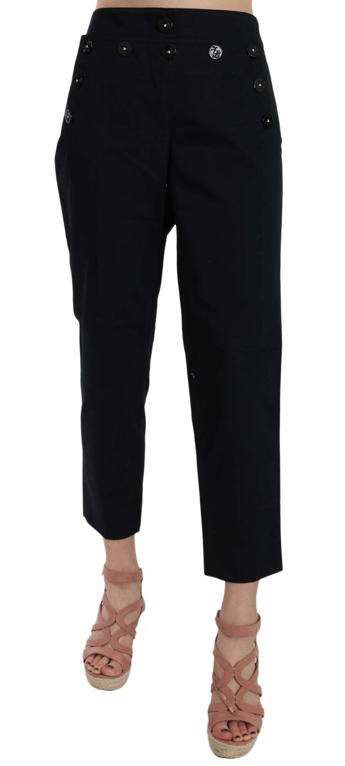 Black Cropped Front Button Embellished Pants - ventzia