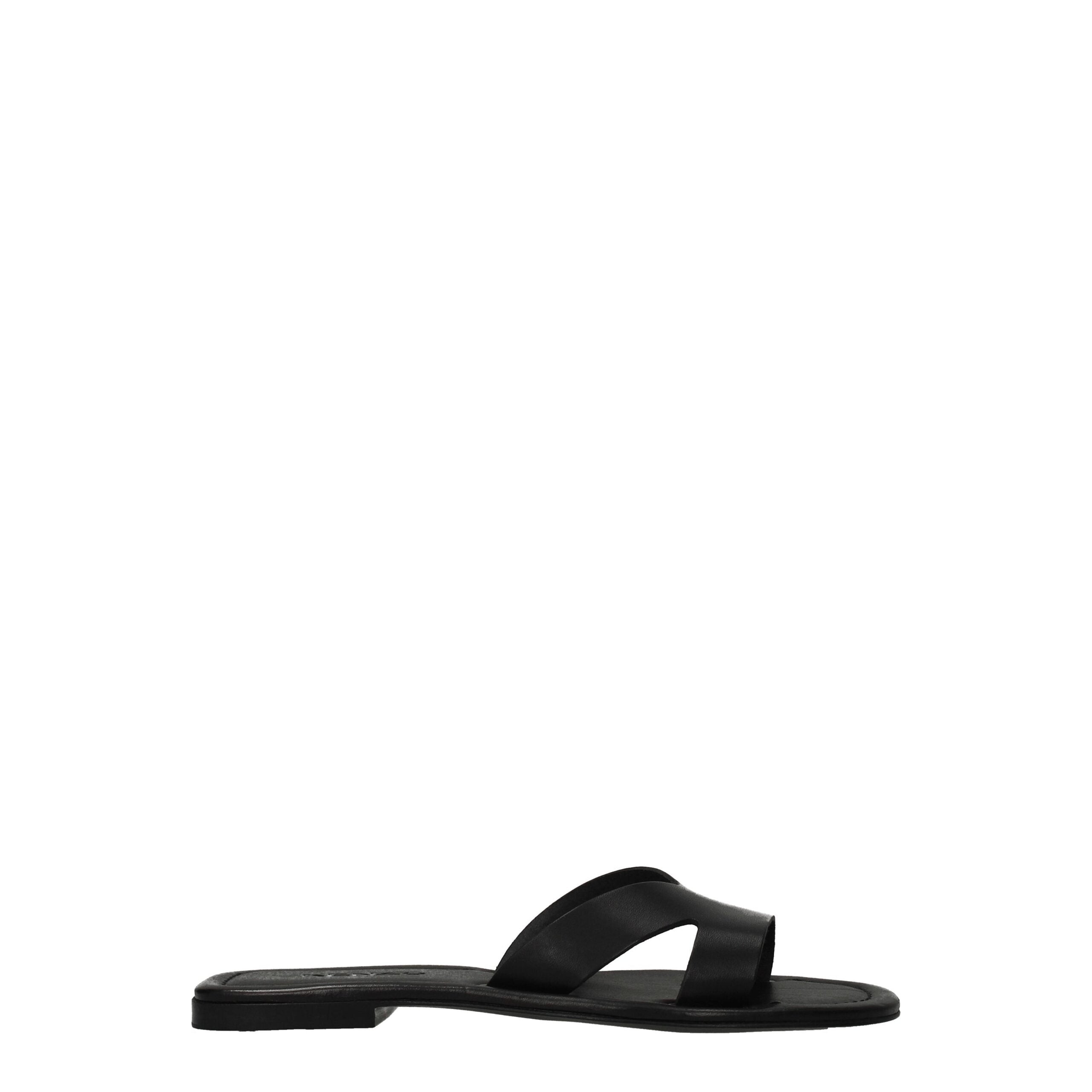 Black Leather Slippers Sandals - ventzia