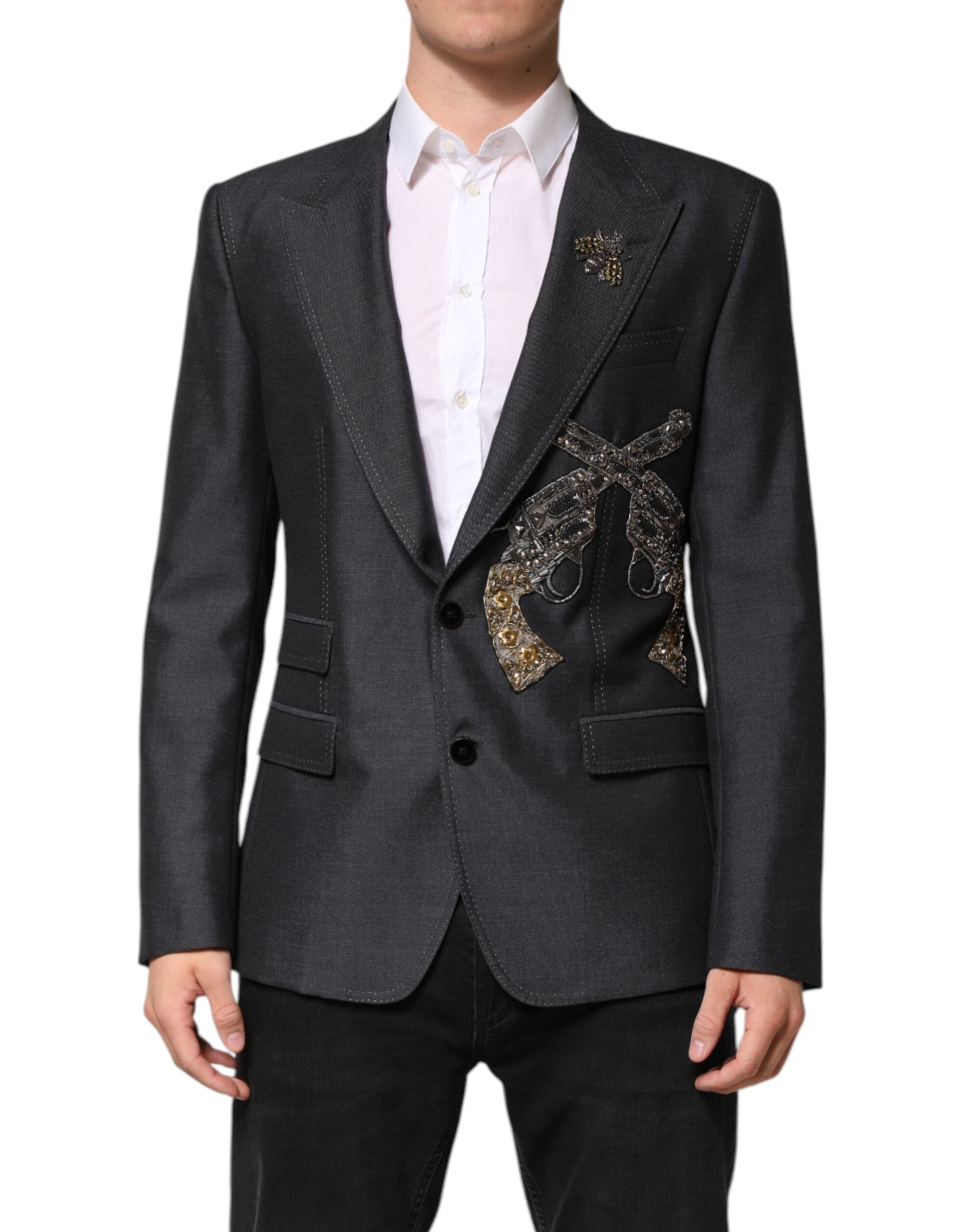 Dark Gray Bee Embroidery SICILIA Coat Blazer - ventzia