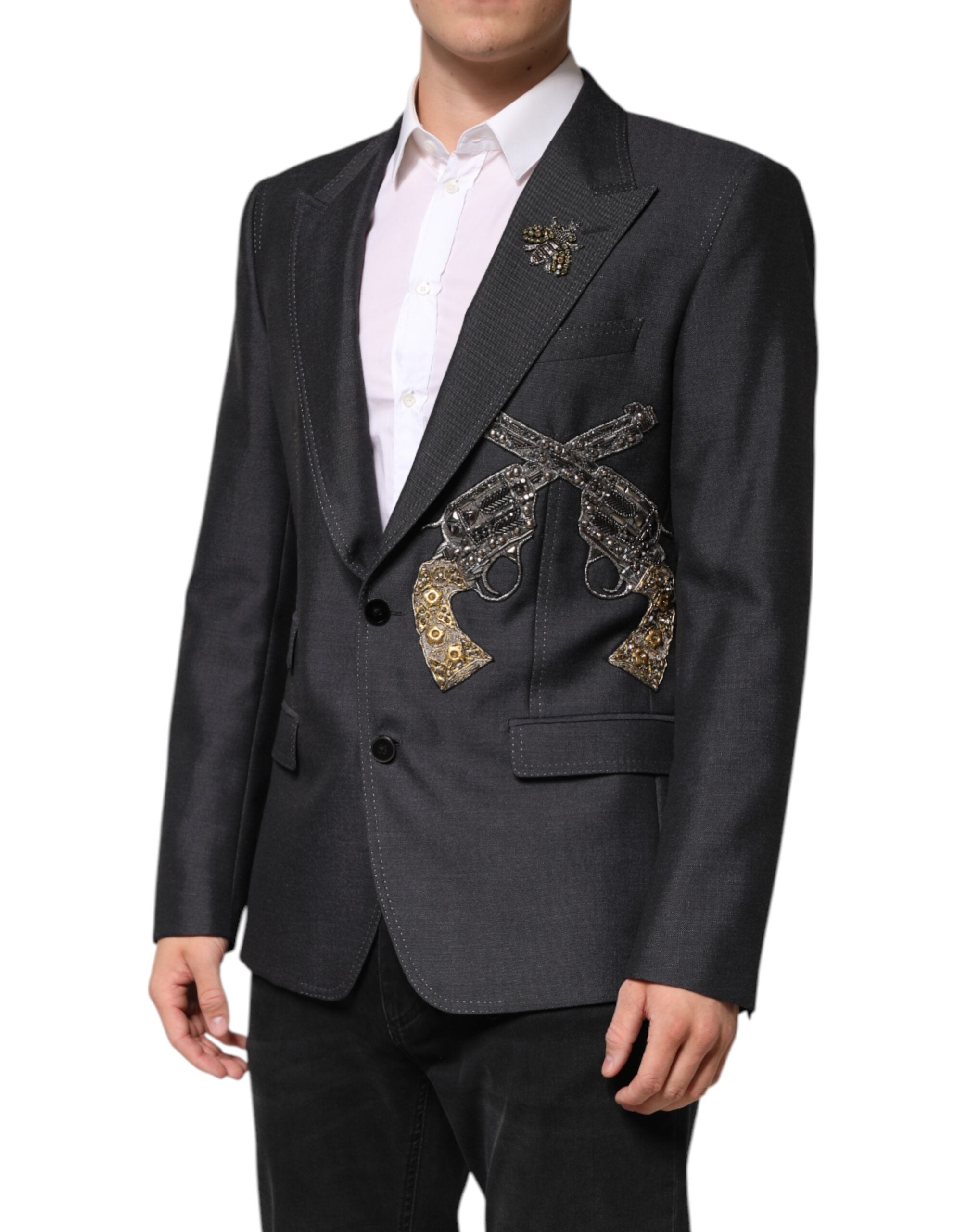 Dark Gray Bee Embroidery SICILIA Coat Blazer - ventzia