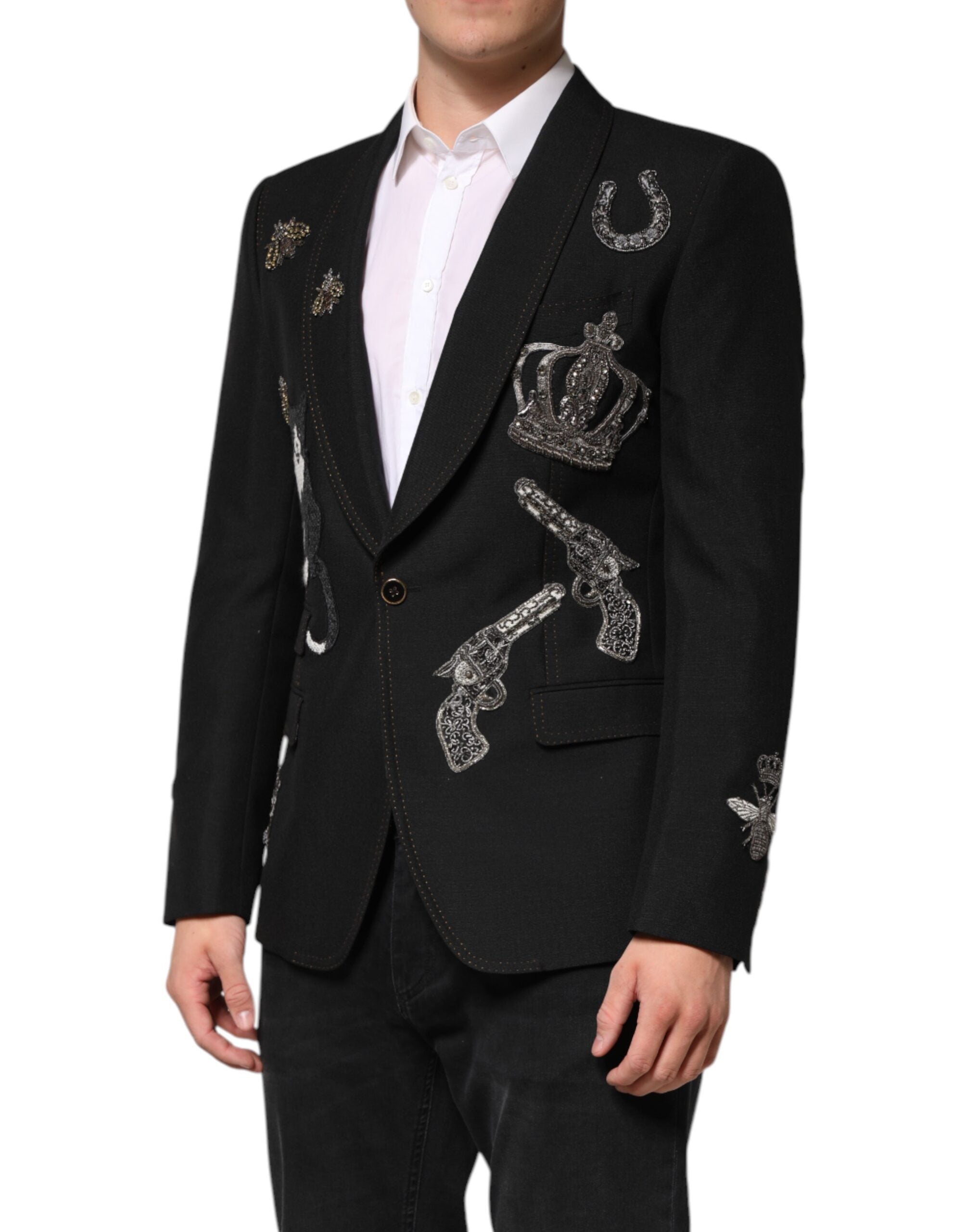 Black Bee Crown Embellished Suit Coat Blazer - ventzia