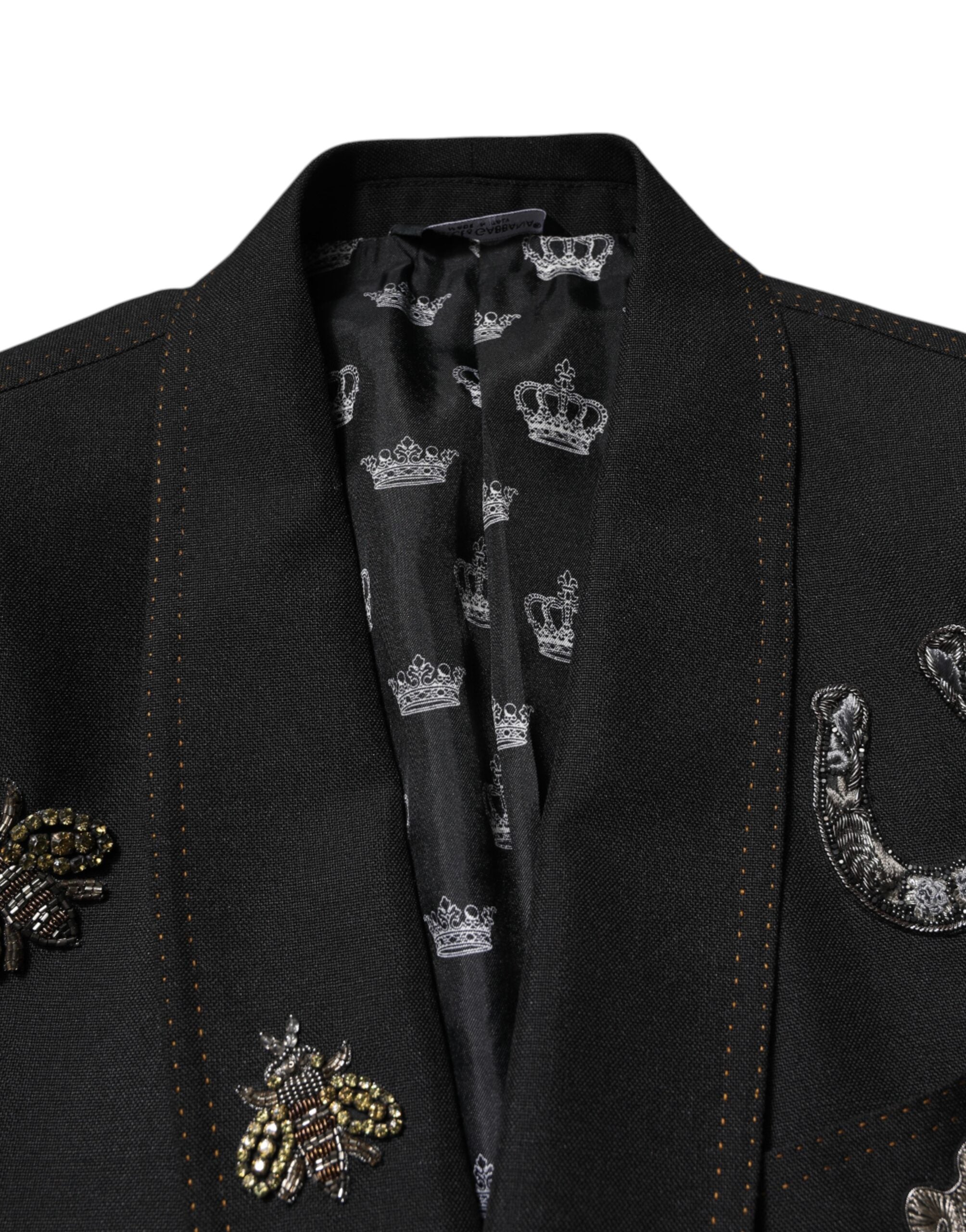 Black Bee Crown Embellished Suit Coat Blazer - ventzia