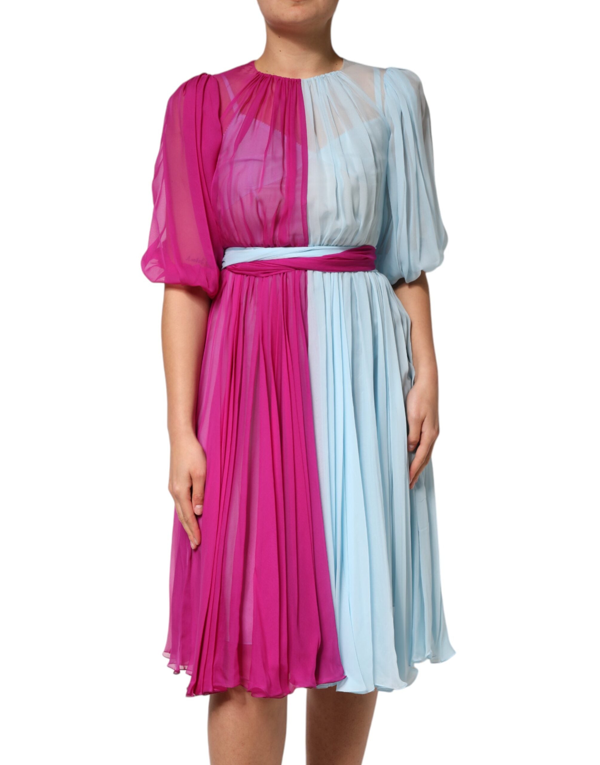 Fuchsia Light Blue Silk Two Tone Midi Dress - ventzia