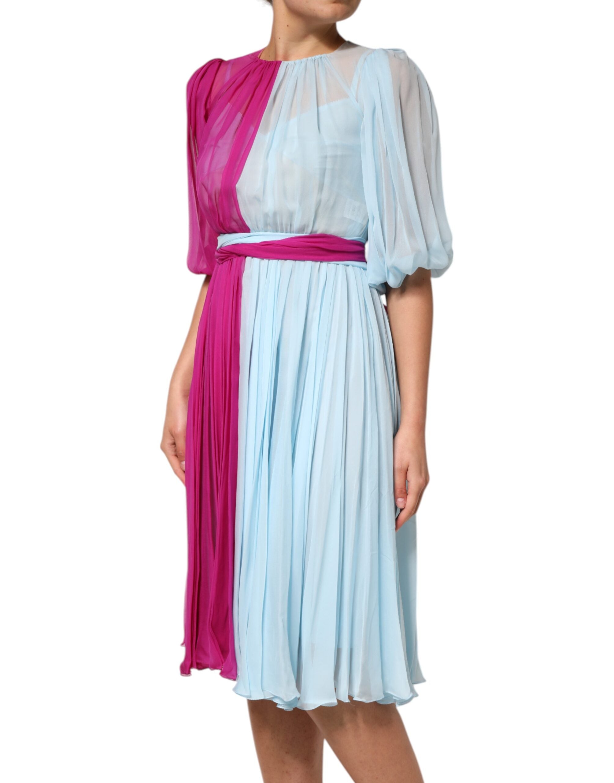 Fuchsia Light Blue Silk Two Tone Midi Dress - ventzia