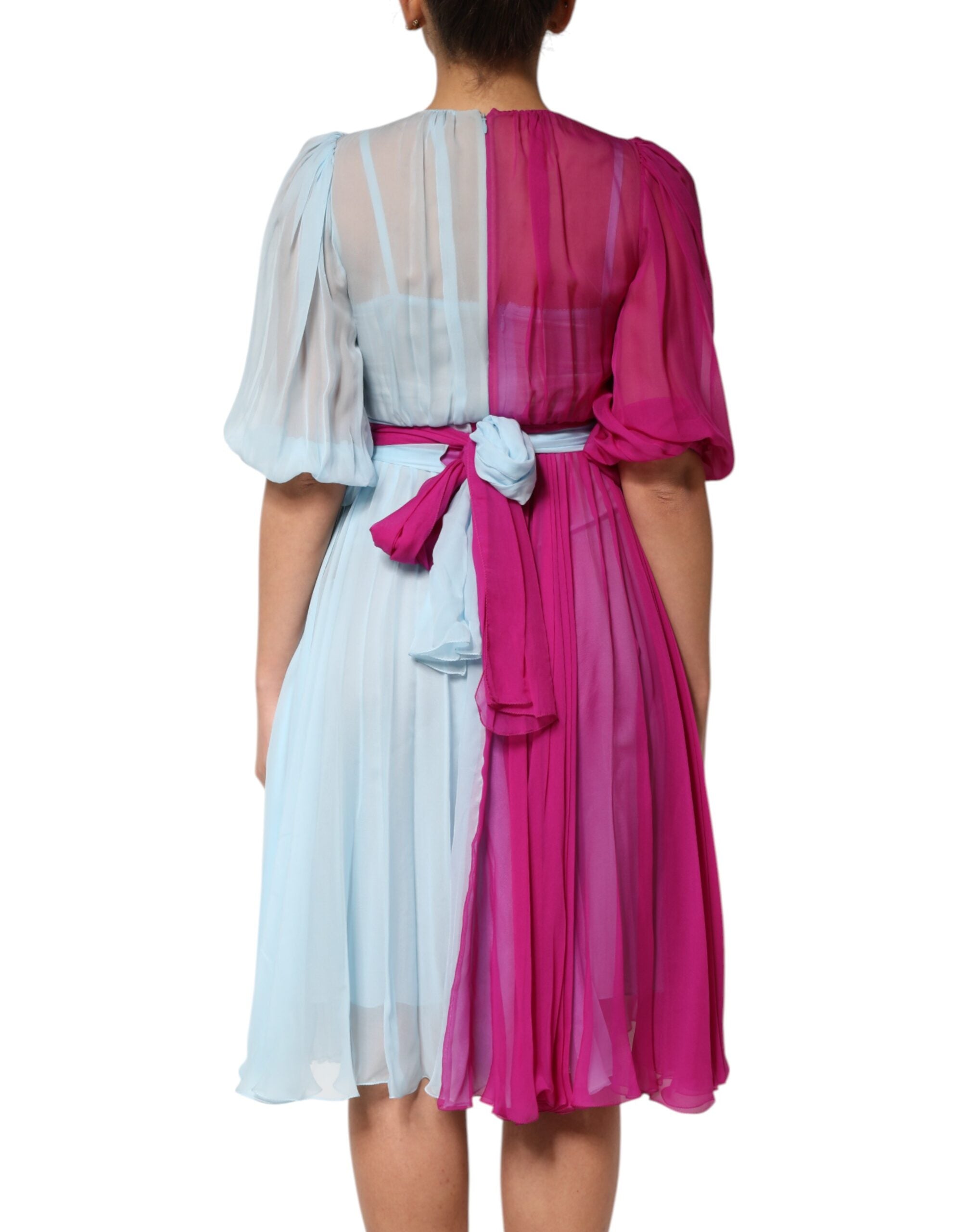 Fuchsia Light Blue Silk Two Tone Midi Dress - ventzia