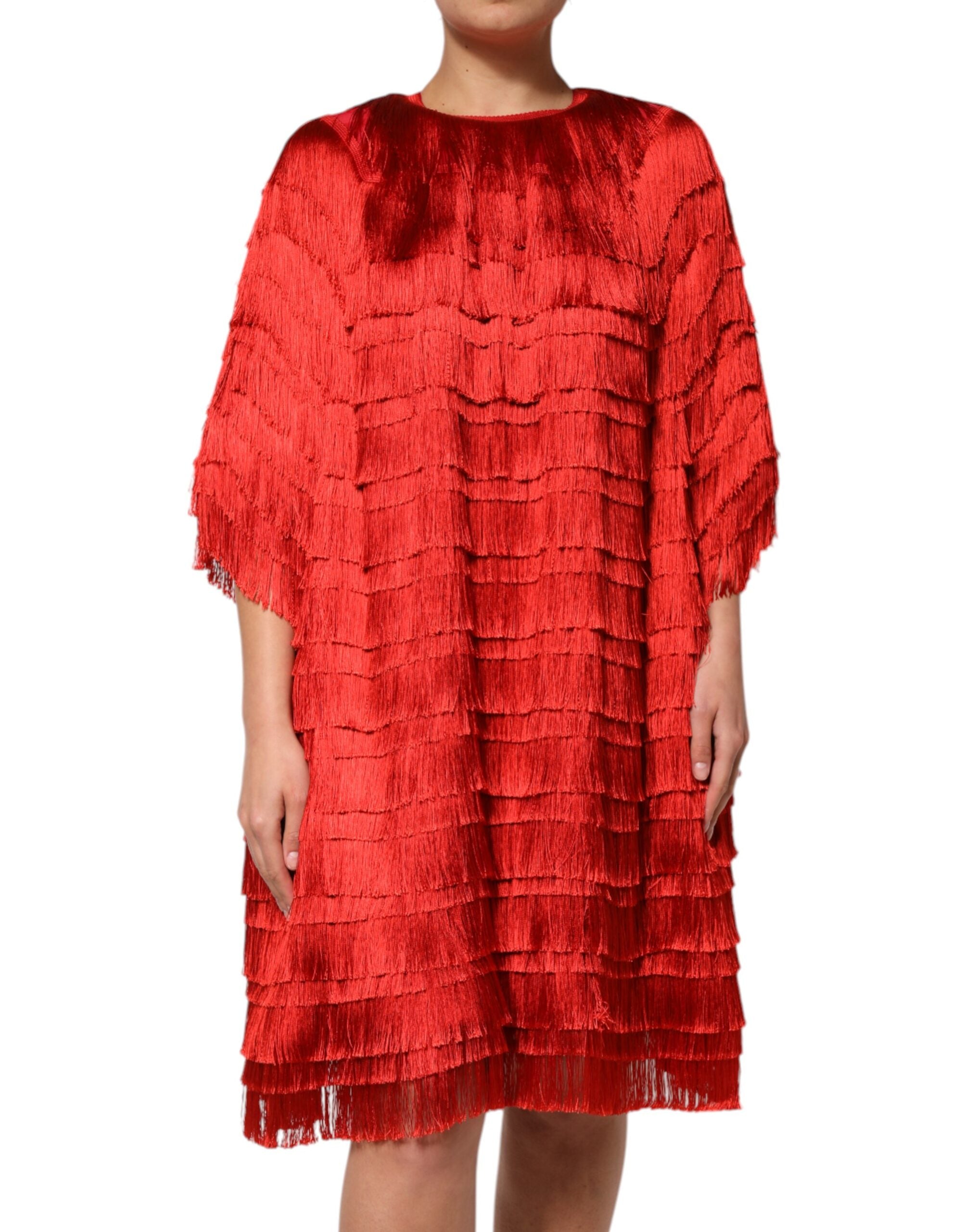 Red Silk Tiers Fringe Shift Knee Length Dress - ventzia