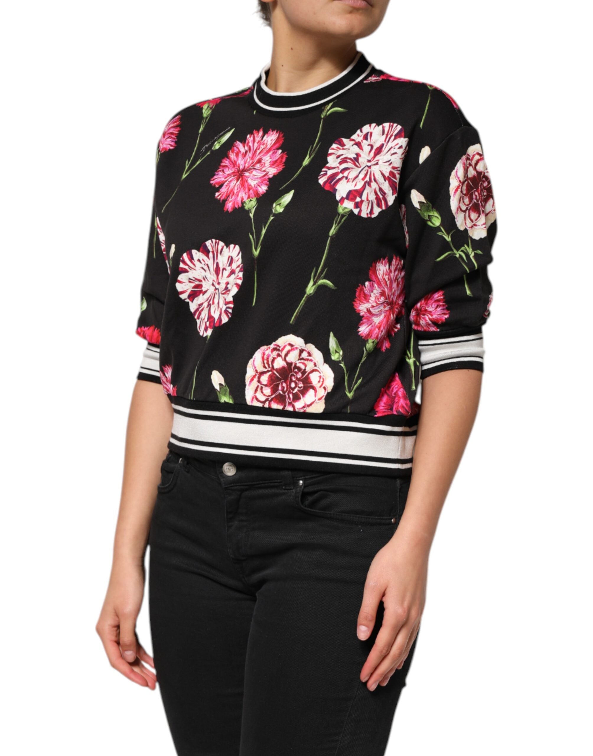 Black Floral Print Cotton Short Sleeves Top - ventzia