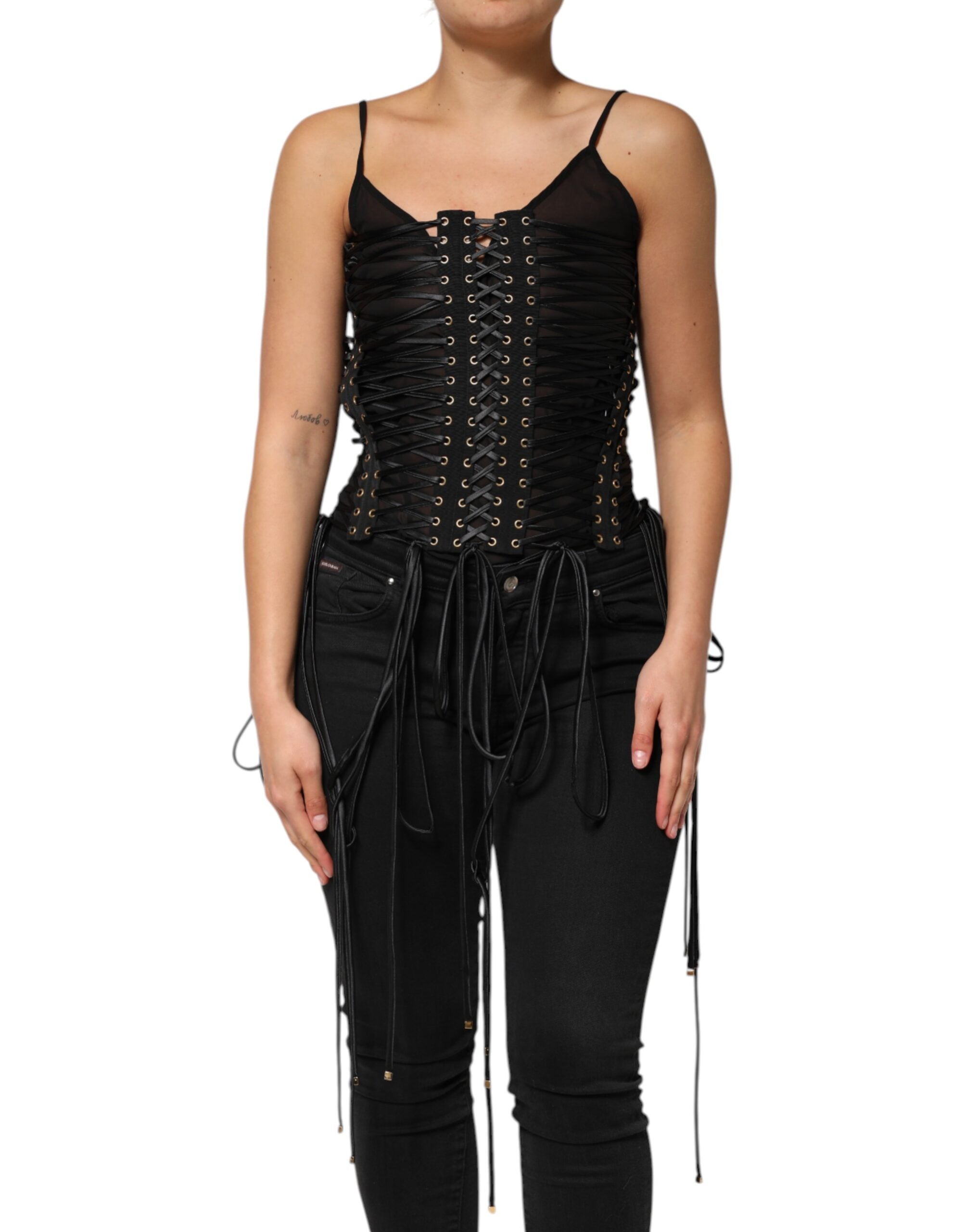 Black Eyelet Embellished Corset Style Top - ventzia