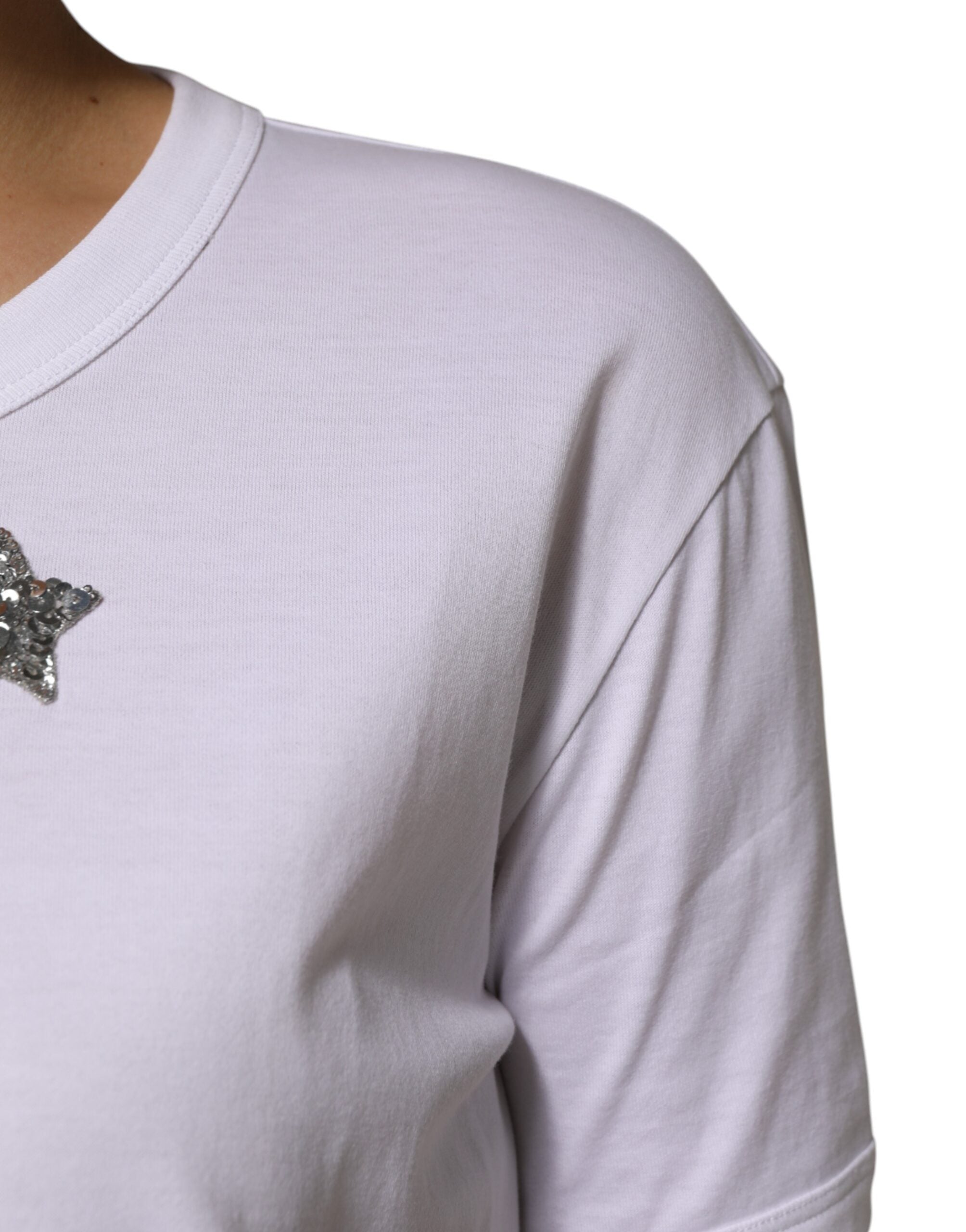 White Cotton Sequin Embellished Top T-shirt - ventzia