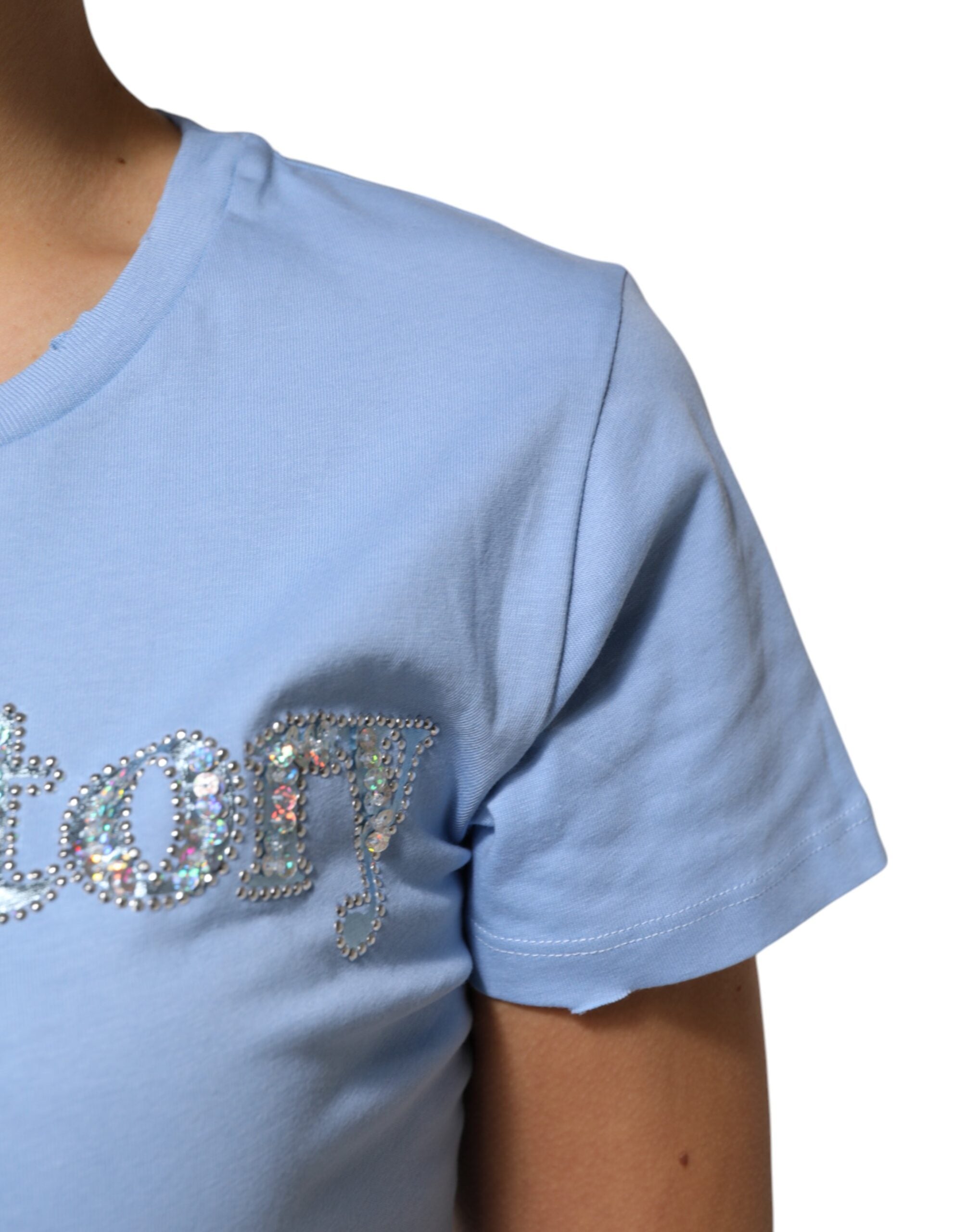 Blue Love Story Sequined Embellished Short Sleeves T-shirt - ventzia