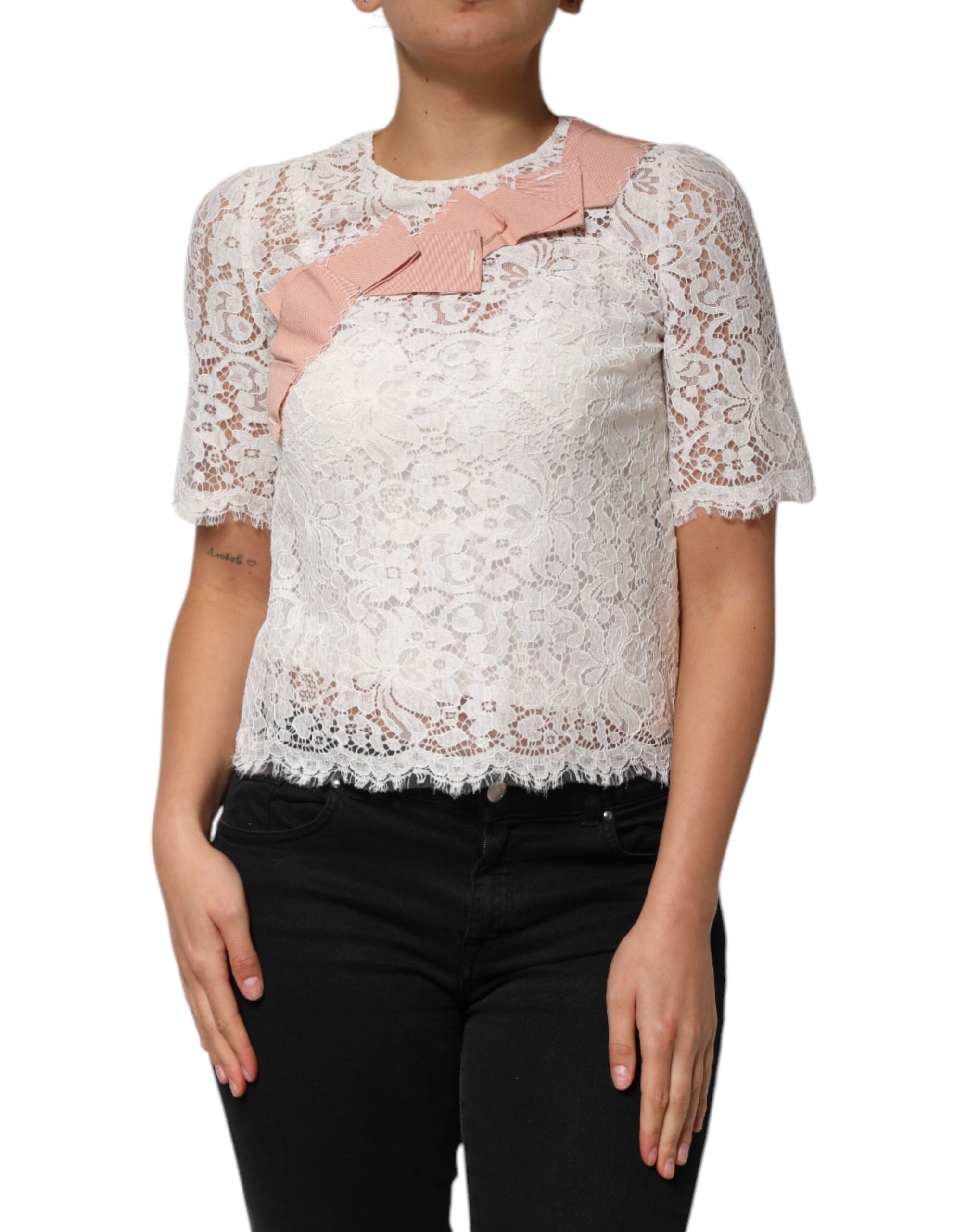 White Floral Lace Short Sleeves Blouse Top - ventzia